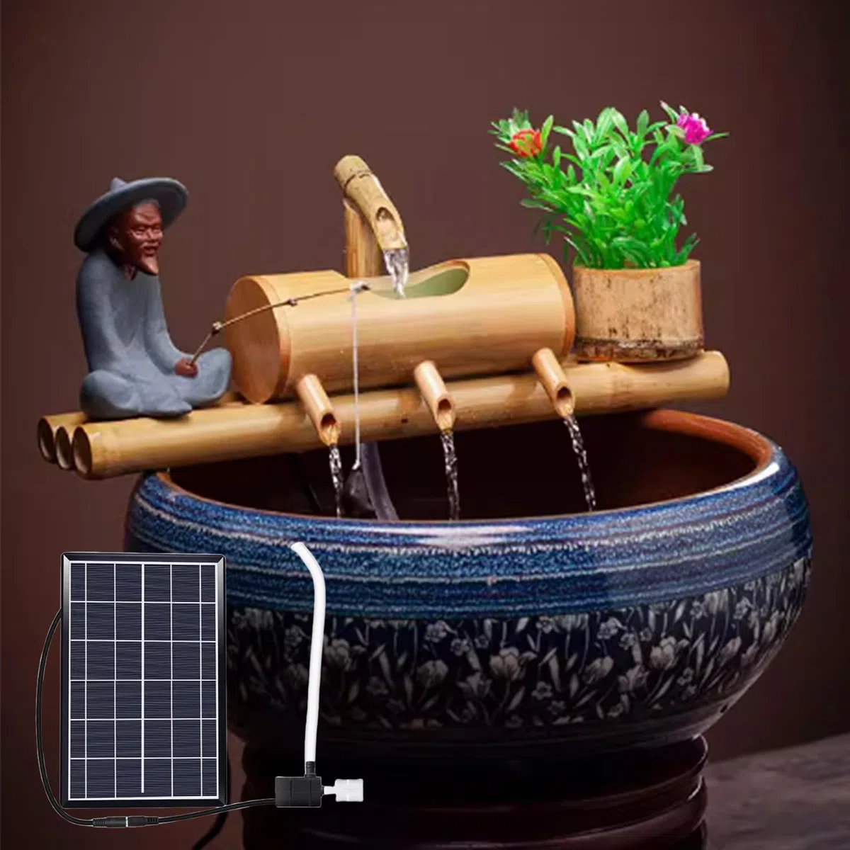 Feng Shui bambusowa fontanna ogrodowa z 4 wylotami wody, bambusowa fontanna solarna z pompką wodną, łatwa instalacja w stawie lub ogrodzie, do użytku wewnątrz i na zewnątrz, 45 cm