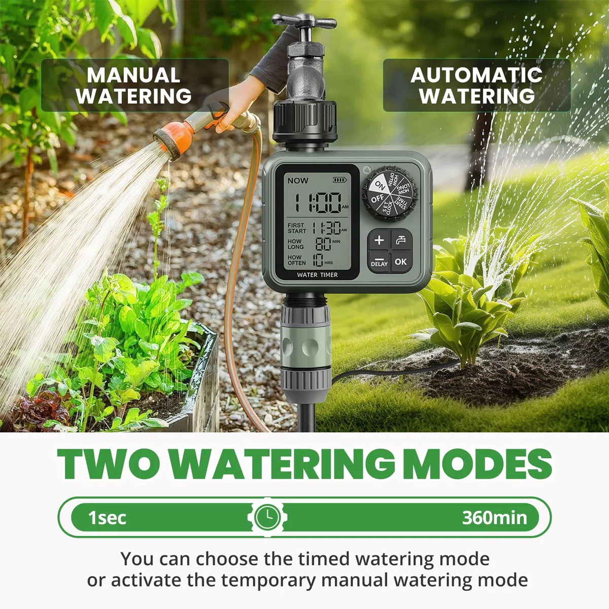 Timer wody do węża ogrodowego, zraszacz z opóźnieniem deszczu, tryb ręczny, automatyczny, czasomierze węża do nawadniania, system nawadniania kropelkowego, trawnika, ogrodu, codziennych i świątecznych