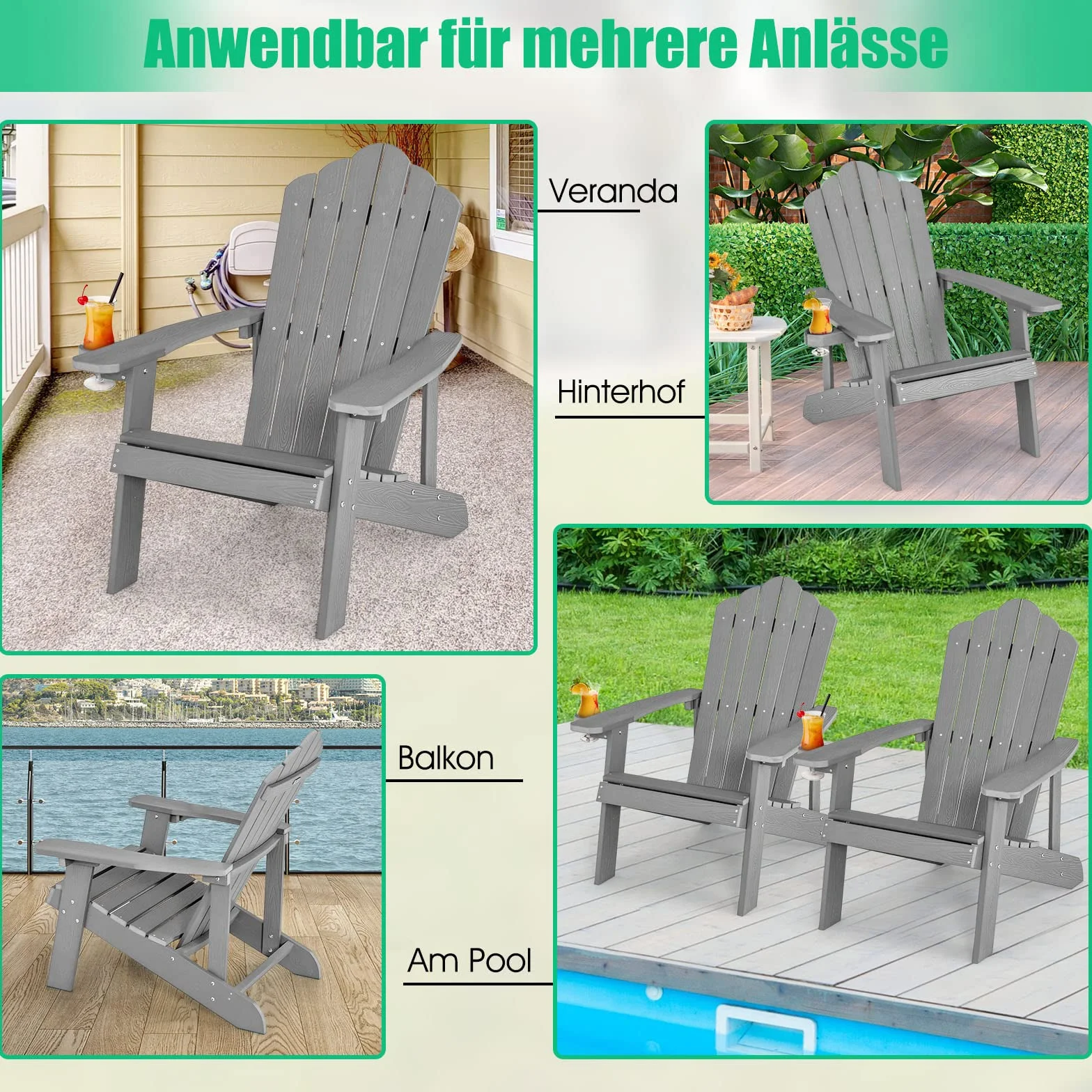 COSTWAY NP10983DE Adirondack krzesło z uchwytem na napoje, odporne na warunki atmosferyczne, fotel ogrodowy z tworzywa sztucznego, krzesło outdoorowe do ogrodu, na taras, nośność 170 kg (jasnoszare), 85 x 77 x 94 cm