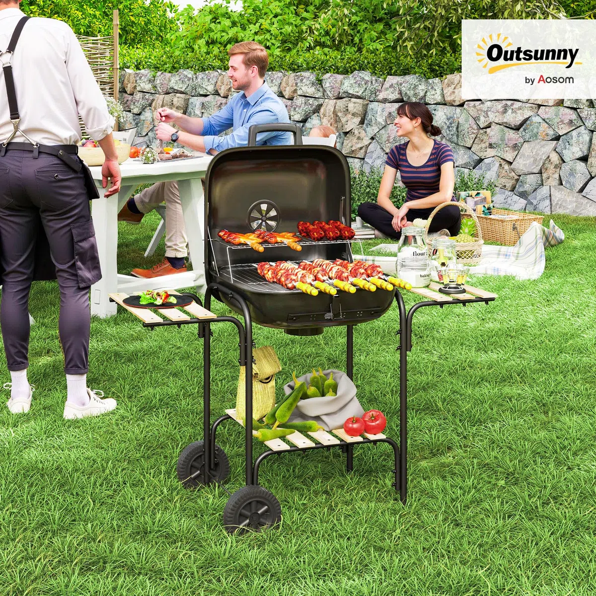 Outsunny Grill na węgiel drzewny, wózek do grillowania o powierzchni 1840 cm², przenośny grill wędzarniczy z pokrywką, rusztem, półkami i kółkami, na piknik, kemping, czarny