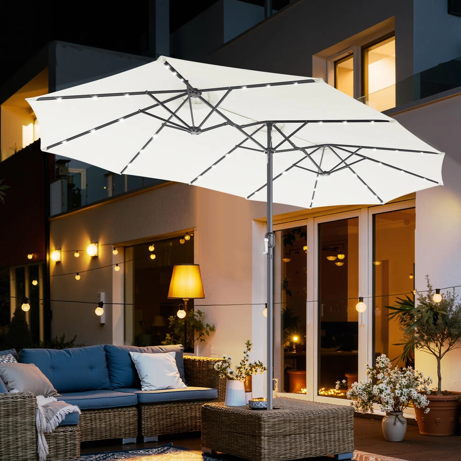 Podwójny parasol przeciwsłoneczny, prostokątny, 394 x 210 cm, z solarną diodą LED i korbą ręczną, duży parasol przeciwsłoneczny, parasol ogrodowy, parasol tarasowy, 12 stalowych żeber, ochrona