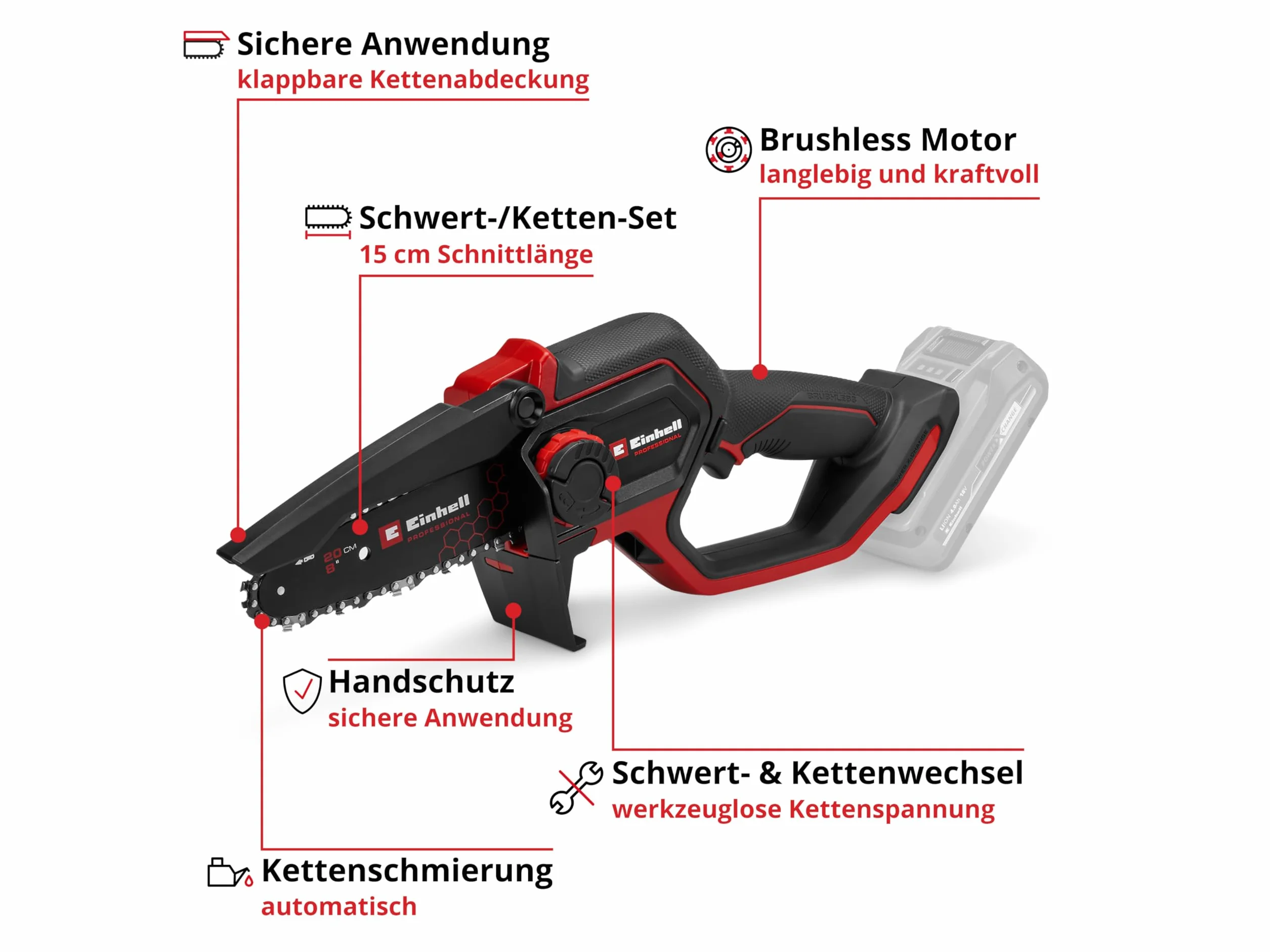 Einhell Profesjonalna akumulatorowa piła łańcuchowa GP-PS 18/20 Li BL-Solo Power X-Change (18 V, długość cięcia 15 cm, bezszczotkowa, prędkość łańcucha 8 m/s, automatyczne smarowanie łańcucha, bez