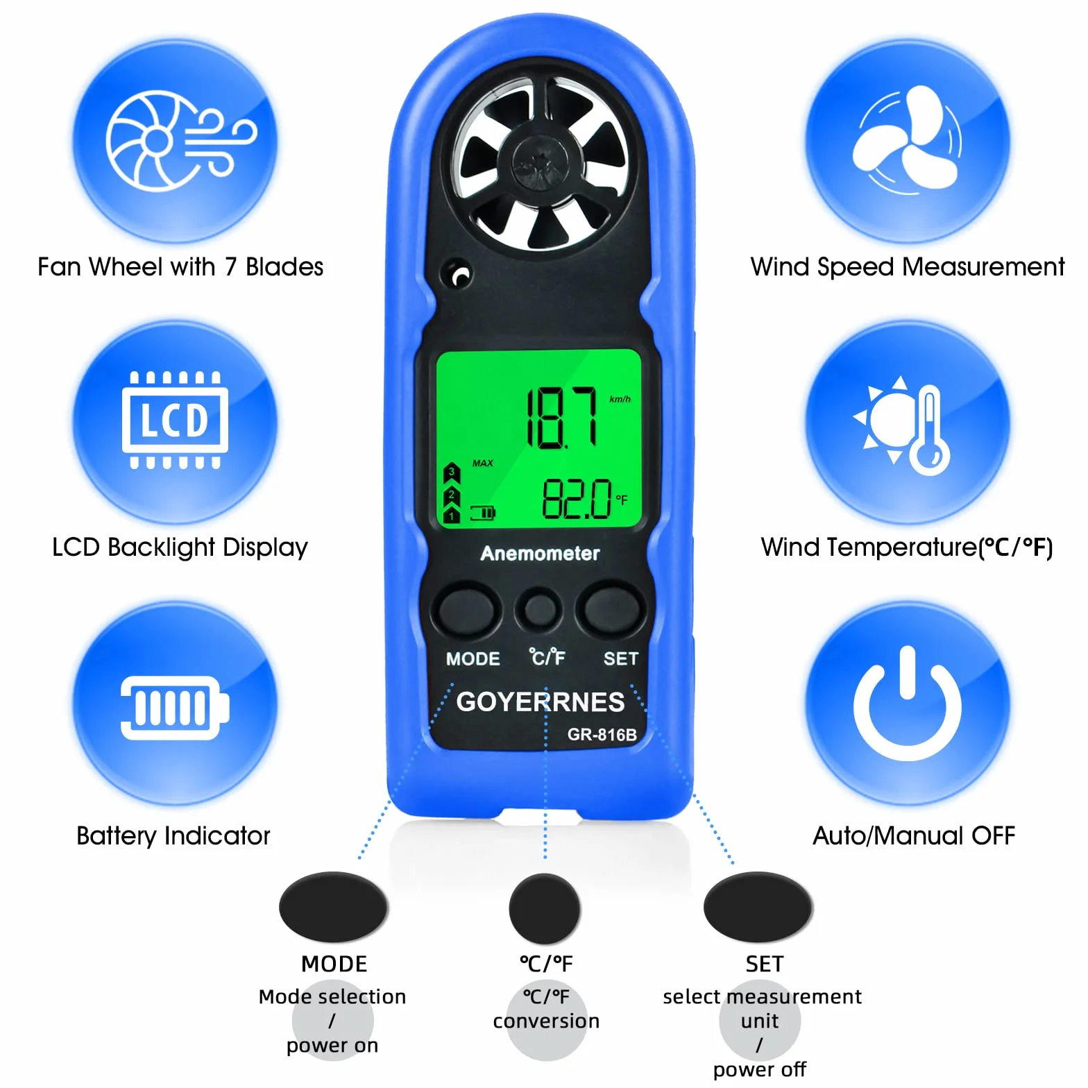 Anemometr GR-816B cyfrowy z prędkością wiatru 0,3-30 m/s, pomiar prędkości nawiewu/temperatury (℃/℉) do strzelania, windsurfingu, wędkowania, polowania