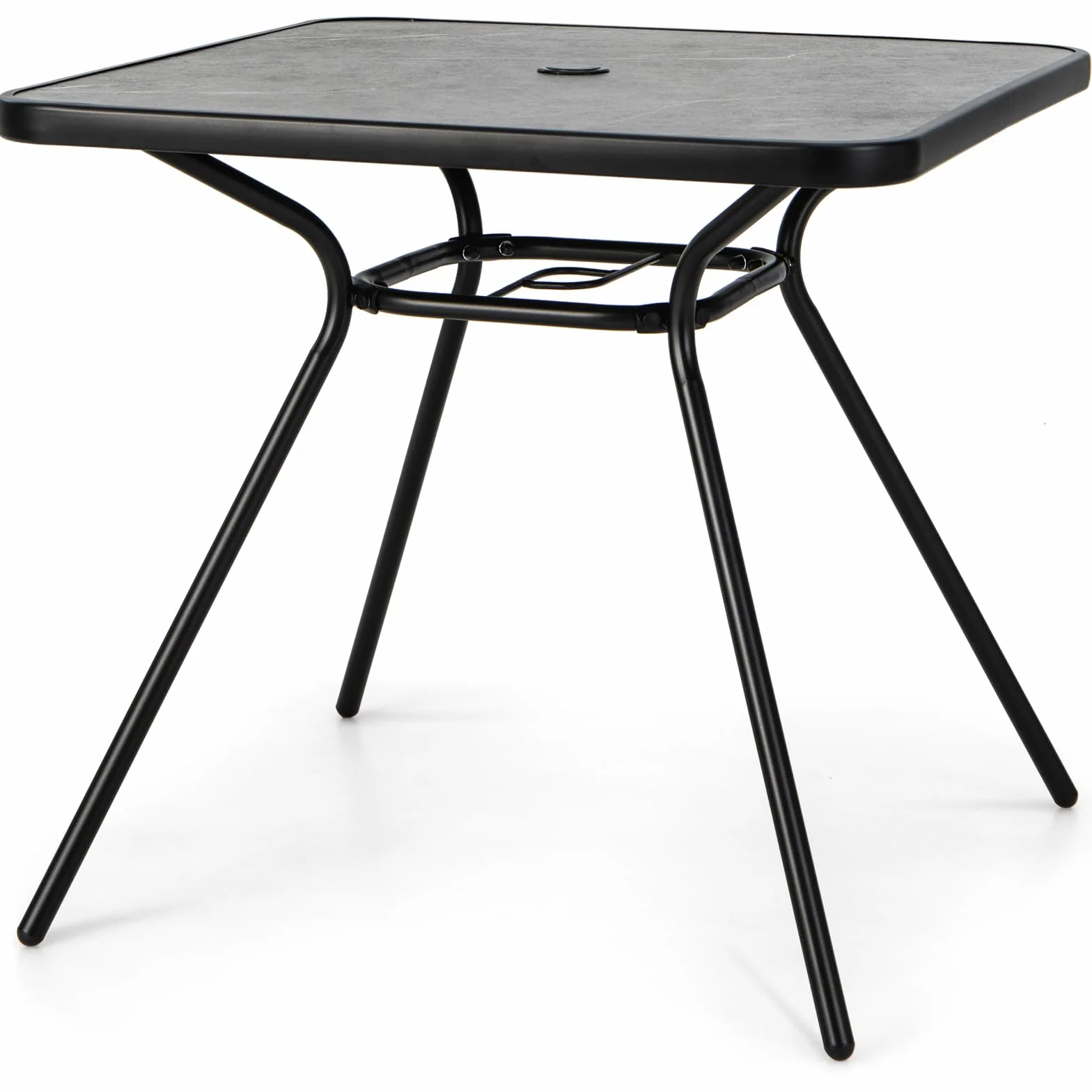 KOMFOTTEU Stolik pomocniczy z otworem na parasol, stół ogrodowy 80 x 80 cm dla 4 osób, stół balkonowy z blatem ze sztucznego marmuru, stół bistro do 100 kg, stół na balkon, taras, do ogrodu