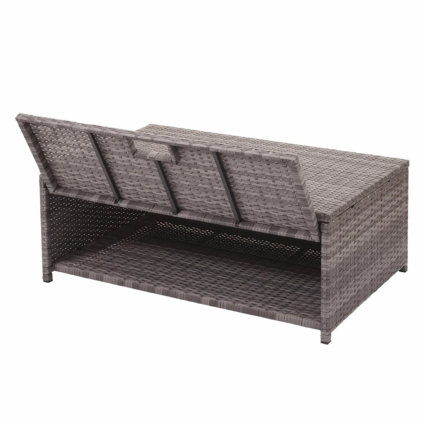 Mendler Zestaw polirattanowy HWC-J34, zestaw balkonowy/ogrodowy/wypoczynkowy, zestaw do siedzenia sofa, schowek - szary, poduszka ciemnoszary