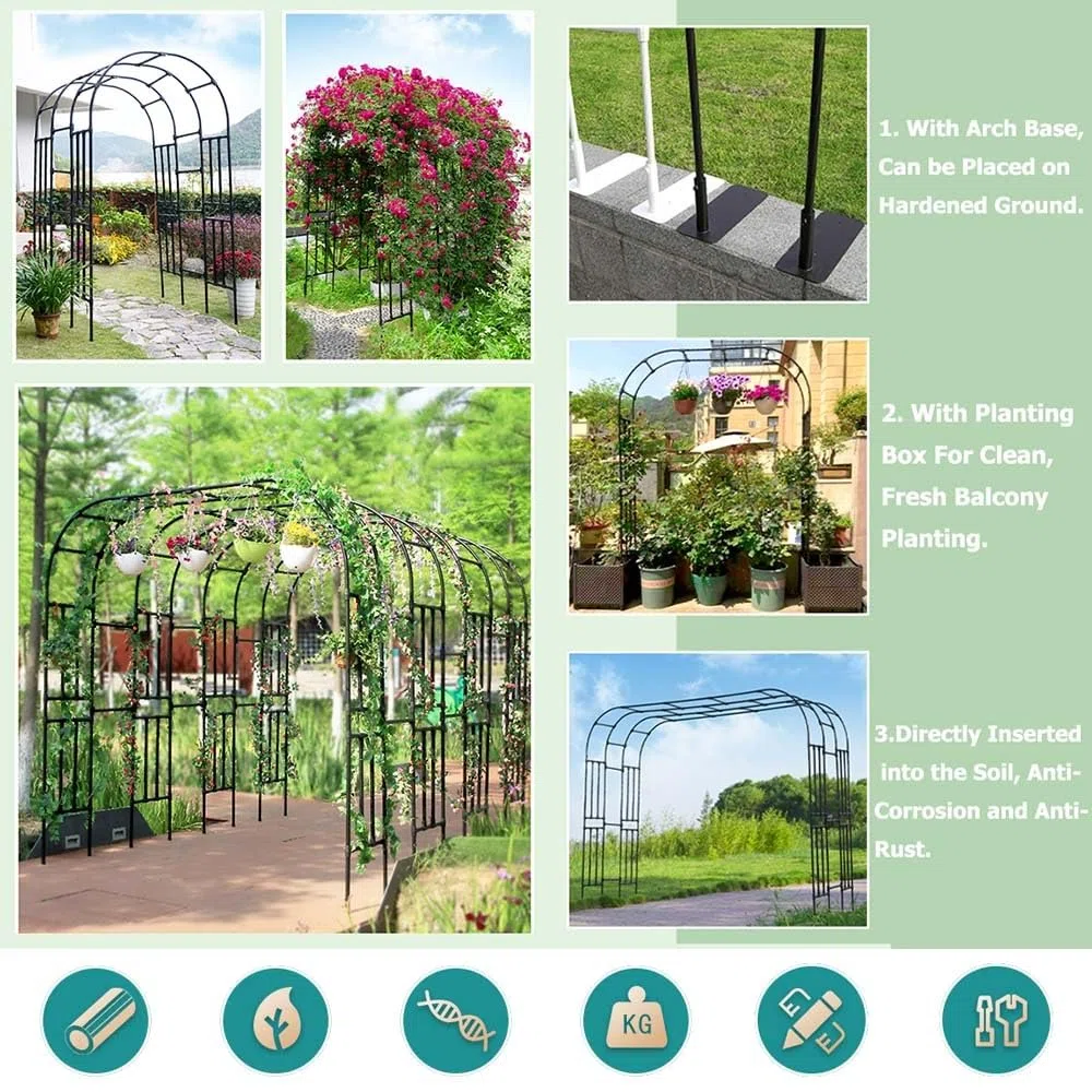 Metalowy łuk ogrodowy, 2,5 m, wytrzymały, różany łuk, krata, pergola, stojak na różane winorośle, pnączę, patio, altankę, stojak dekoracyjny (czarny, duży rozmiar)