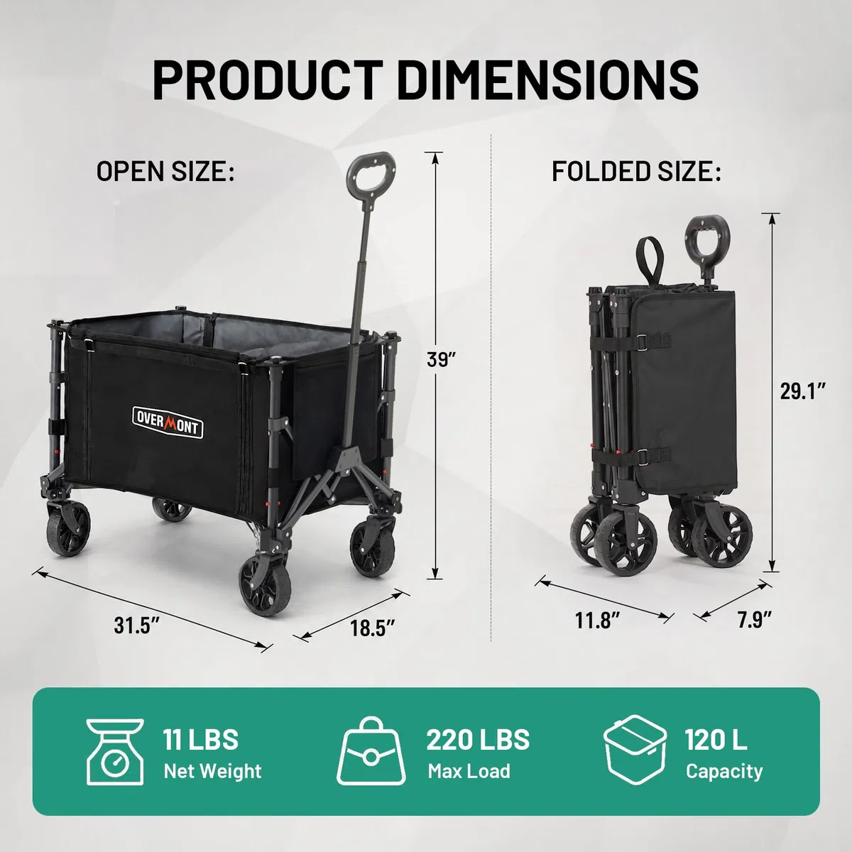 Overmont Wózek składany 3 w 1 – 120 l, obciążenie 100 kg, składany wózek ręczny z kółkami terenowymi – lekki i kompaktowy wózek składany – na kemping, do ogrodu, na plażę, zakupy, do uprawiania sportu
