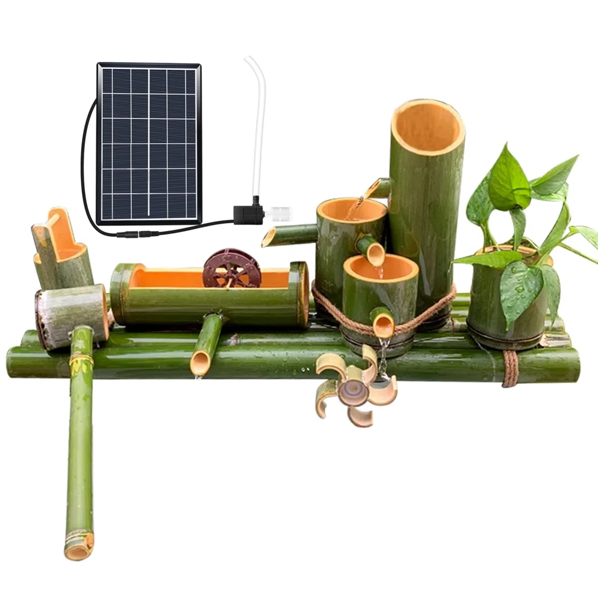 Bambusowa fontanna solarna z pompką i kołem wodnym, dekoracja ogrodowa Zen, do użytku wewnątrz i na zewnątrz, 90 cm, funkcja wody na podwórko i trawnik