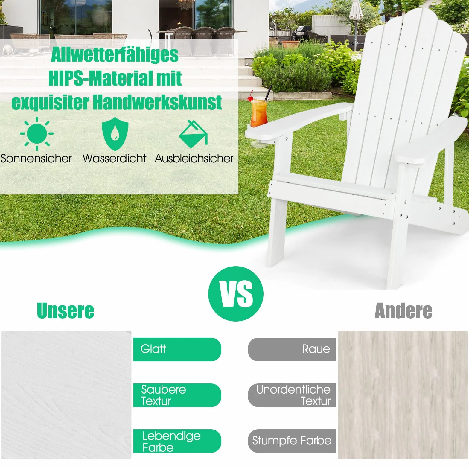 COSTWAY NP10983DE Adirondack krzesło z uchwytem na napoje, odporne na warunki atmosferyczne, fotel ogrodowy z tworzywa sztucznego, krzesło outdoorowe do ogrodu, na taras, nośność 170 kg (białe), 85 x 77 x 94 cm