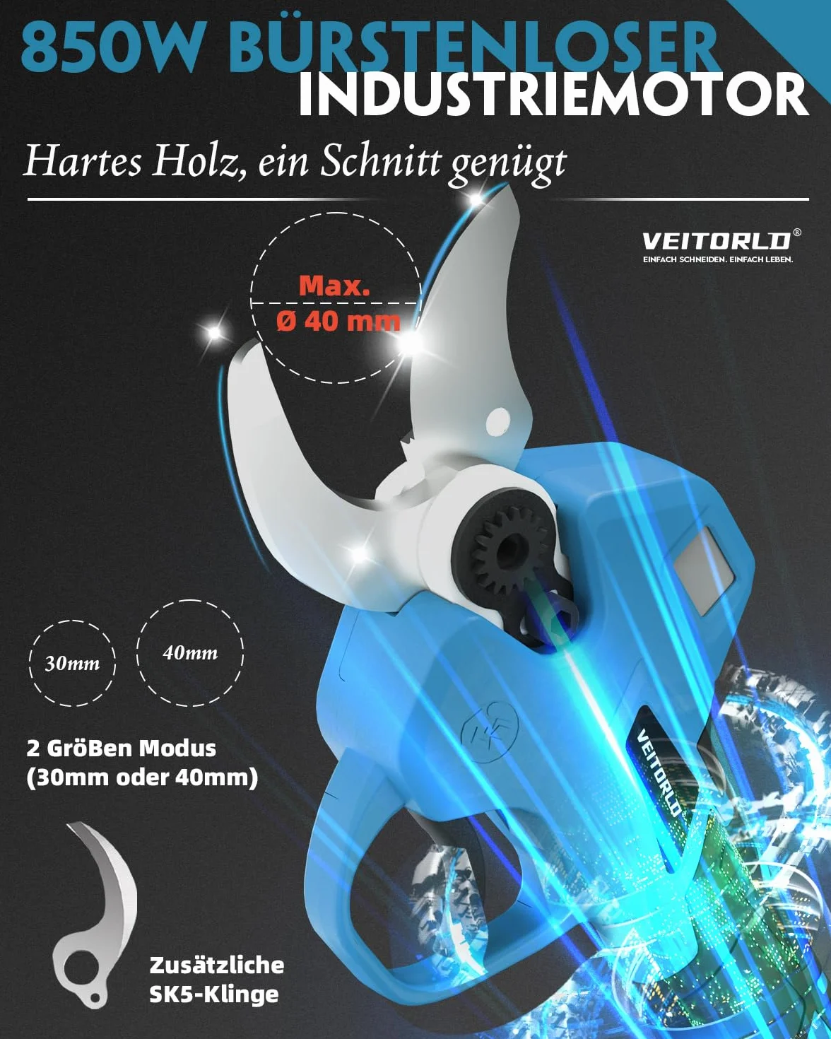Veitorld Teleskopowe nożyce do gałęzi akumulator 40 mm sekator 130-245 cm 2 x 2000 mAh