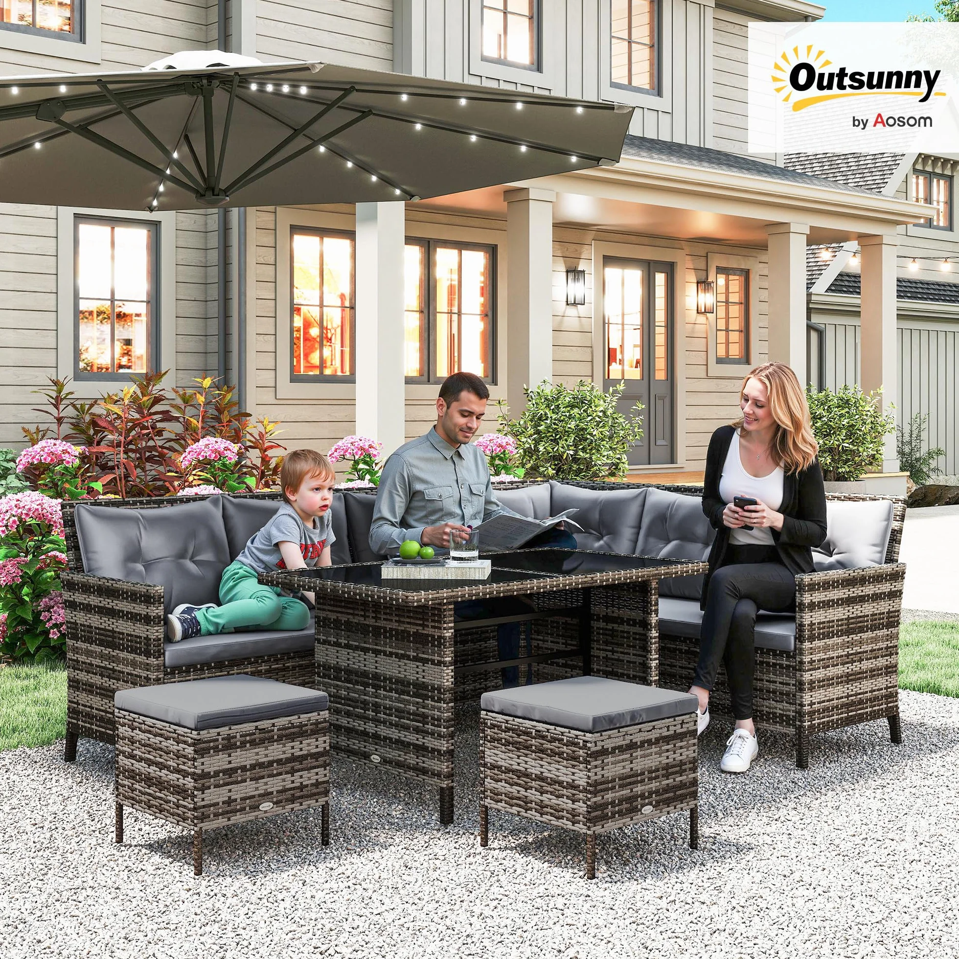 Outsunny 18-cz. komplet wypoczynkowy, komplet stół z krzesłami, zestaw ogrodowy, zestaw z sofą, zestaw ogrodowy, zestaw mebli ogrodowych, wypoczynkowy, technorattan, szary