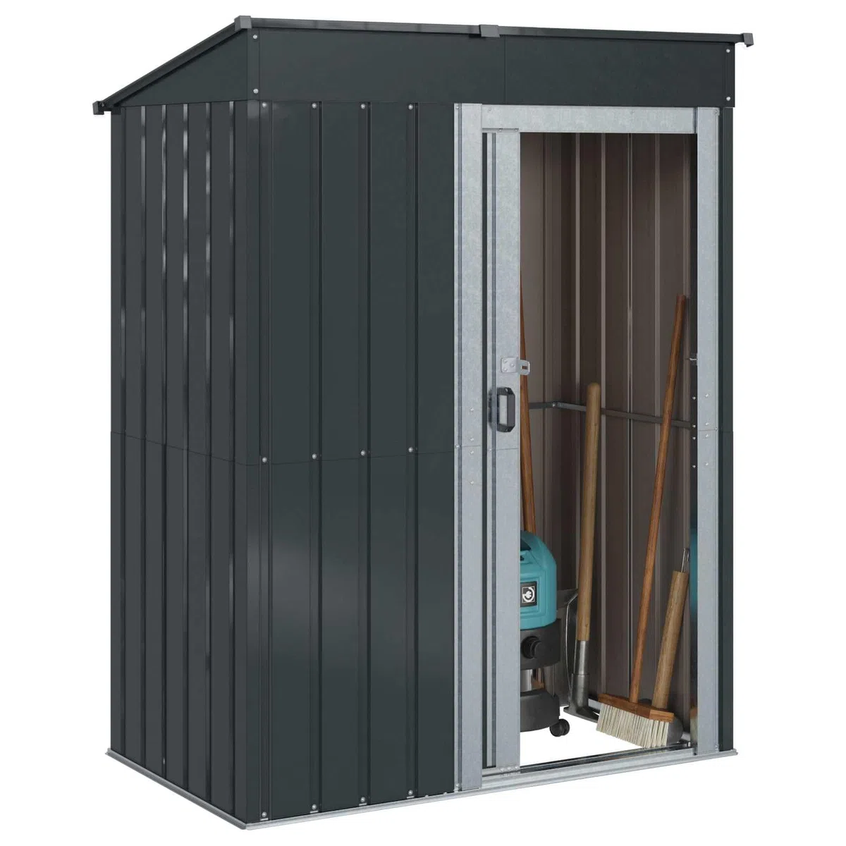 Antracyt metalowy domek ogrodowy 137x81x180 cm, nowoczesny prostokątny schowek na zewnątrz, trwały i odporny na warunki atmosferyczne, łatwy montaż narzędzi i garnków