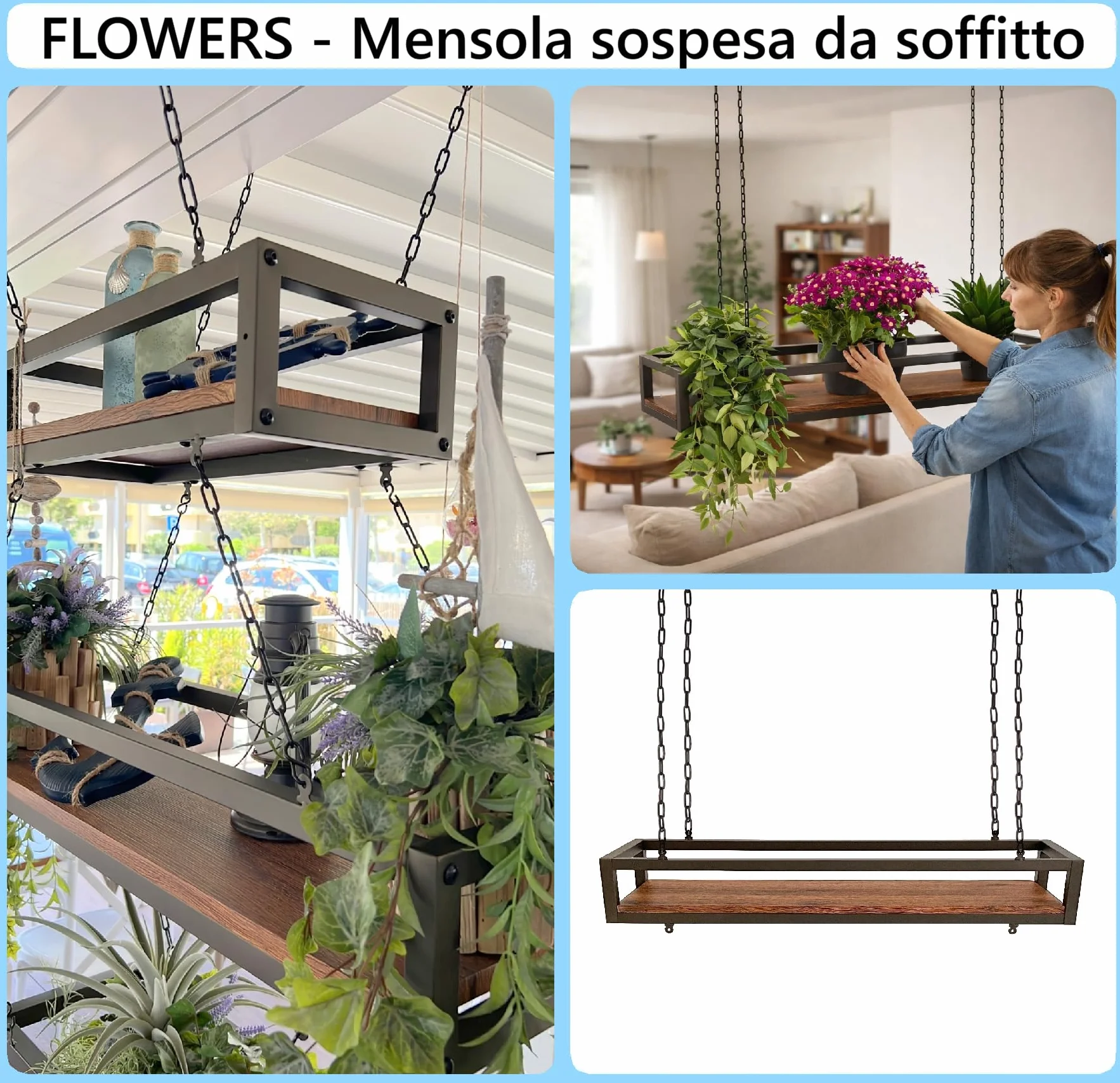 yelloo - Wisząca półka sufitowa z łańcuchami, idealna do stojaków na kwiaty, rośliny wewnątrz i na zewnątrz, klasyczny i elegancki design do domu, ogrodu, balkonu (FLOWERS 95 cm, brązowy/orzech