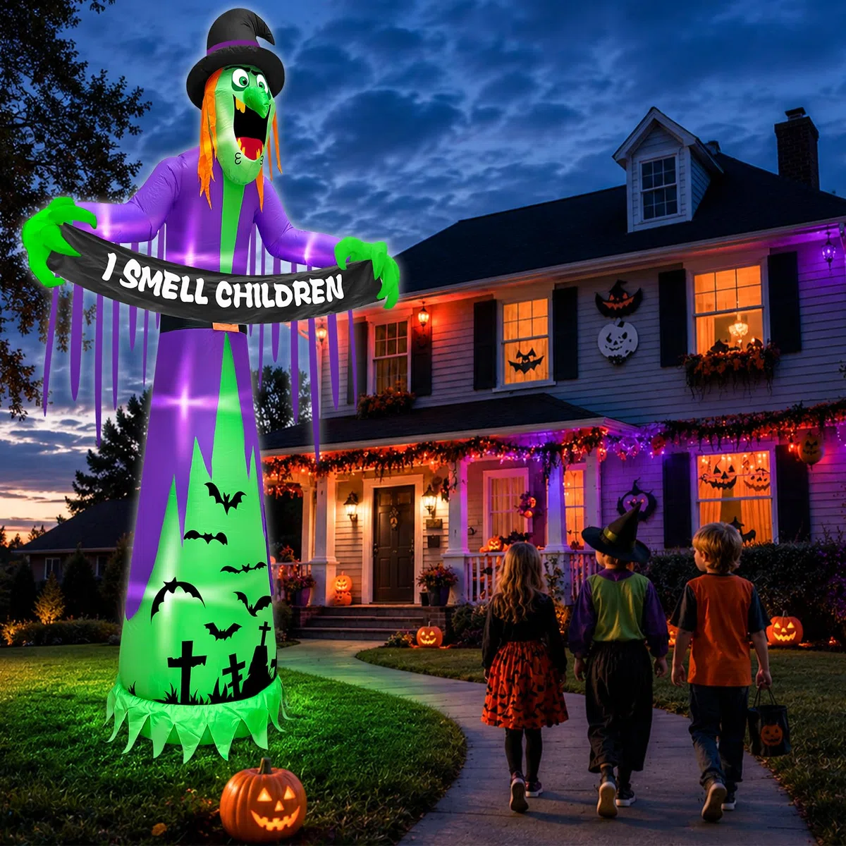 TURNMEON Ogromne nadmuchiwane przedmioty na Halloween, dekoracje na zewnątrz, straszna czarownica trzyma zapach dzieci, baner LED do wysadzania podwórka, dekoracja na Halloween, ogród, trawnik,