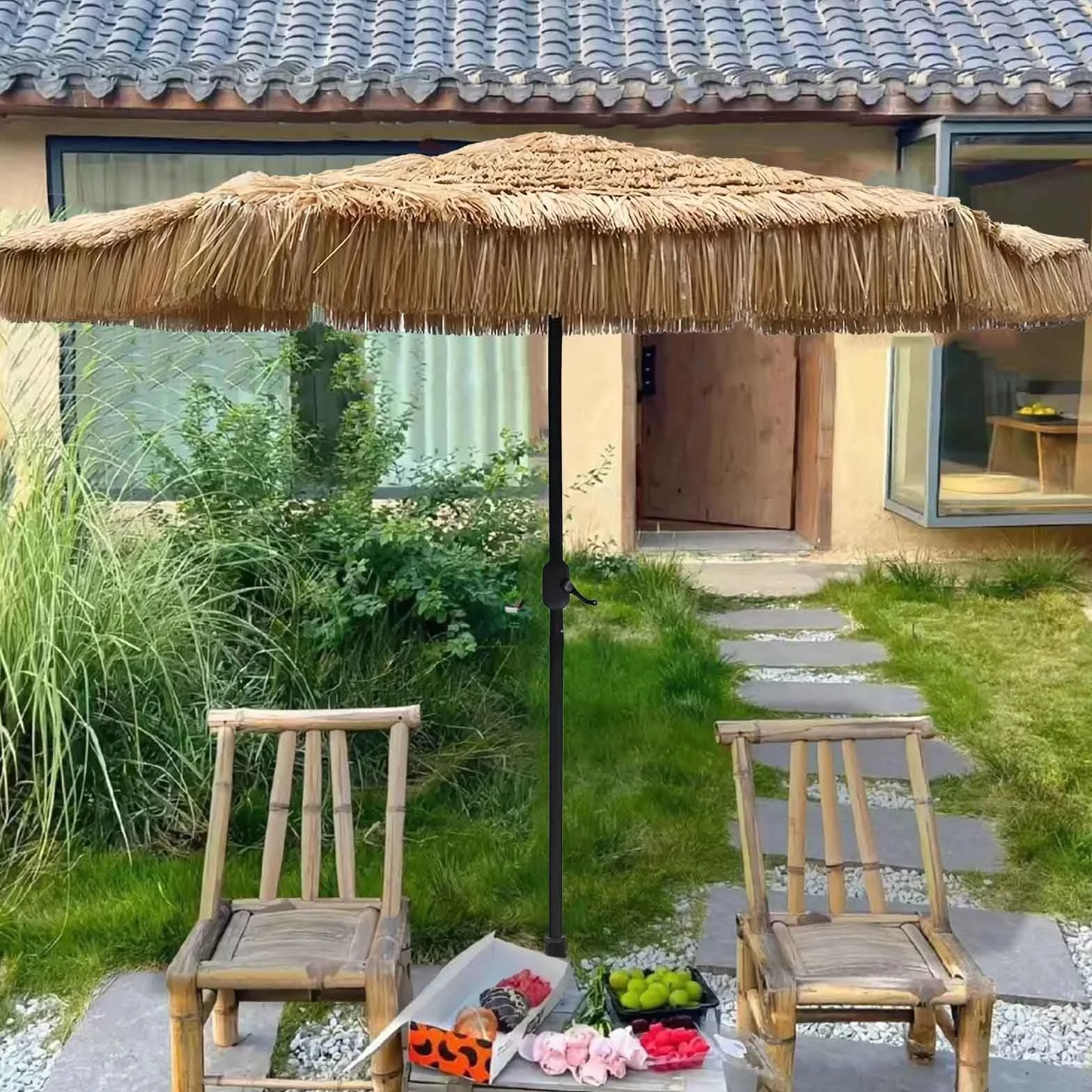 Duży Parasol Plażowy Słomiany z Korbką 2,7 m, 8 Żeber, Ochrona UV