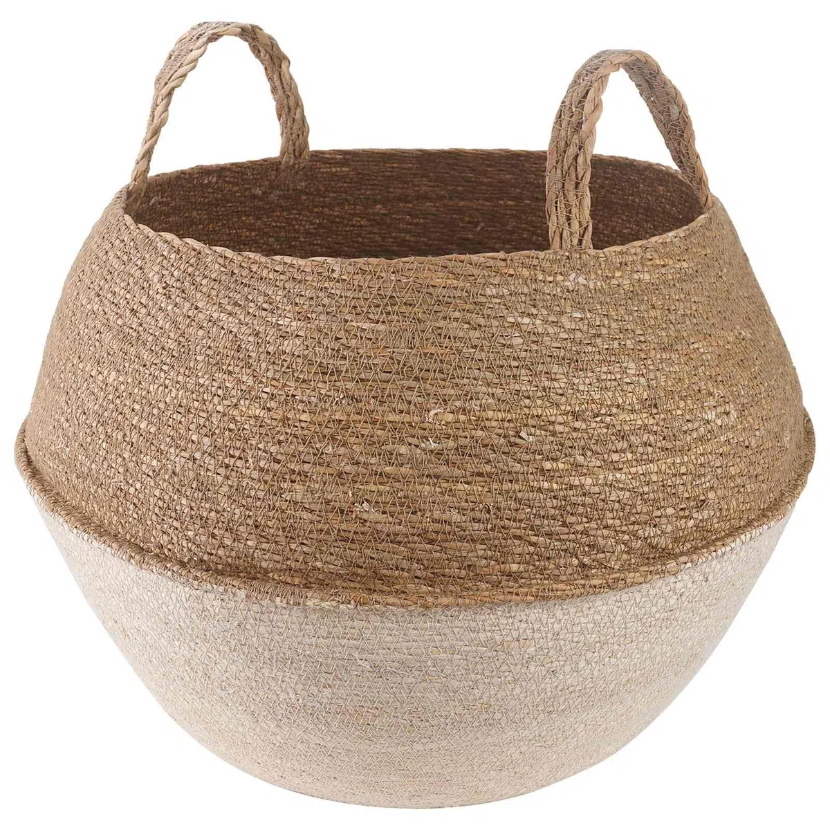 Donica na rośliny z uchwytami biała 45 x 36 cm 100% trawa morska | Naturalna trawa morska, cylindryczny kształt, do użytku wewnątrz i na zewnątrz, wytrzymała, łatwa w pielęgnacji