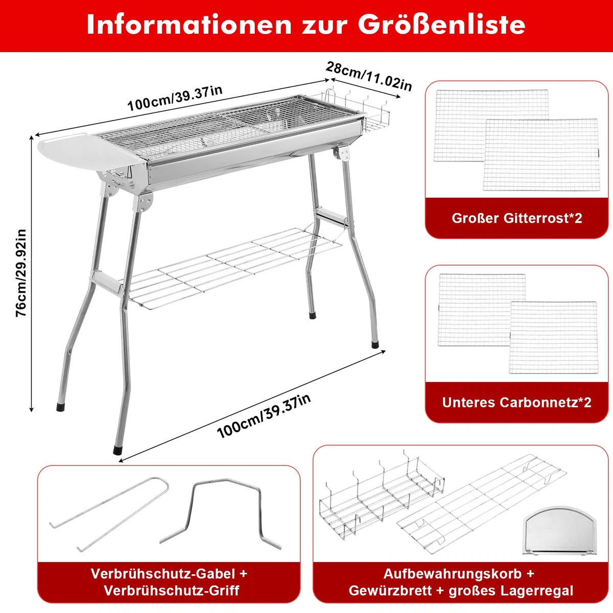 Grill na węgiel drzewny XXL (73 x 28 x 76 cm), przenośny grill węglowy, składany grill ze stali nierdzewnej, grill z tacą na przyprawy, kosz do przechowywania, grill stojący, grill węglowy, składany