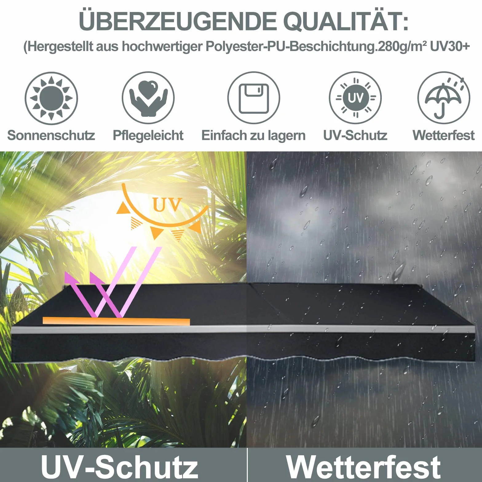 Fiqops Ręczna markiza z ramieniem przegubowym 350 x 300 cm odporna na UV wodoodporna aluminium poliester szara