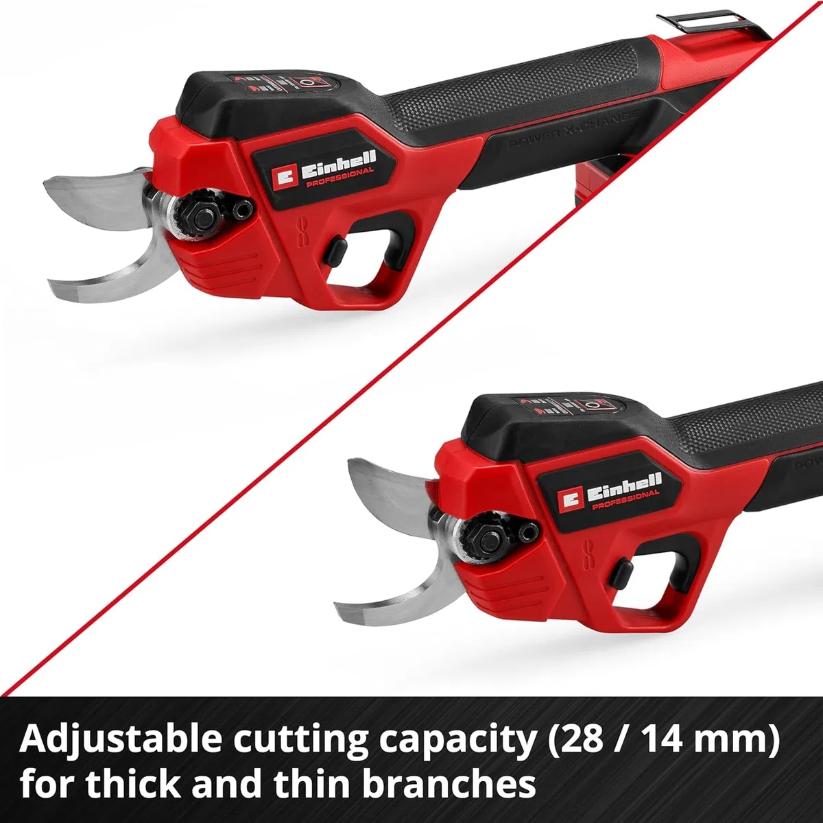 Einhell Profesjonalne sekatory akumulatorowe GP-LS 18/28 Li BL-Solo Power X-Change (18 V, regulowana wydajność cięcia, maks. grubość gałęzi 28 mm, ostrza obejściowe, klips do paska, bez baterii) | PXC | 18 V | regulowana pojemność cięcia | grubość gałęzi
