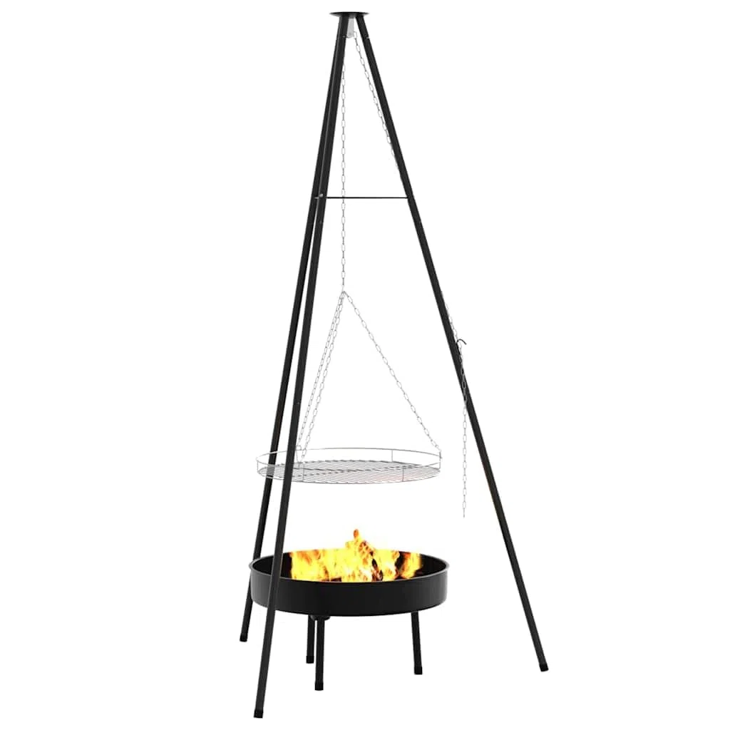 Statyw do ogniska, zestaw 3 sztuk, czarny, ze stali, 92 x 92 x 171,5 cm, przenośna kuchenka do grilla, rusztu do grillowania i gotowania na świeżym powietrzu