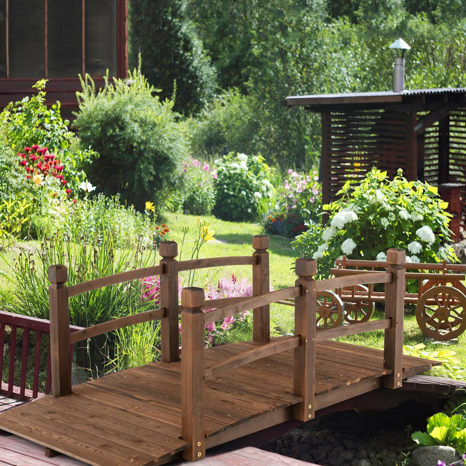 COSTWAY Most do stawu, most ogrodowy, drewniany most z poręczami, dekoracyjny mostek z drewna jodłowego, most ozdobny do ogrodu, stawu, 171,5 x 75,5 x 58 cm, brązowy