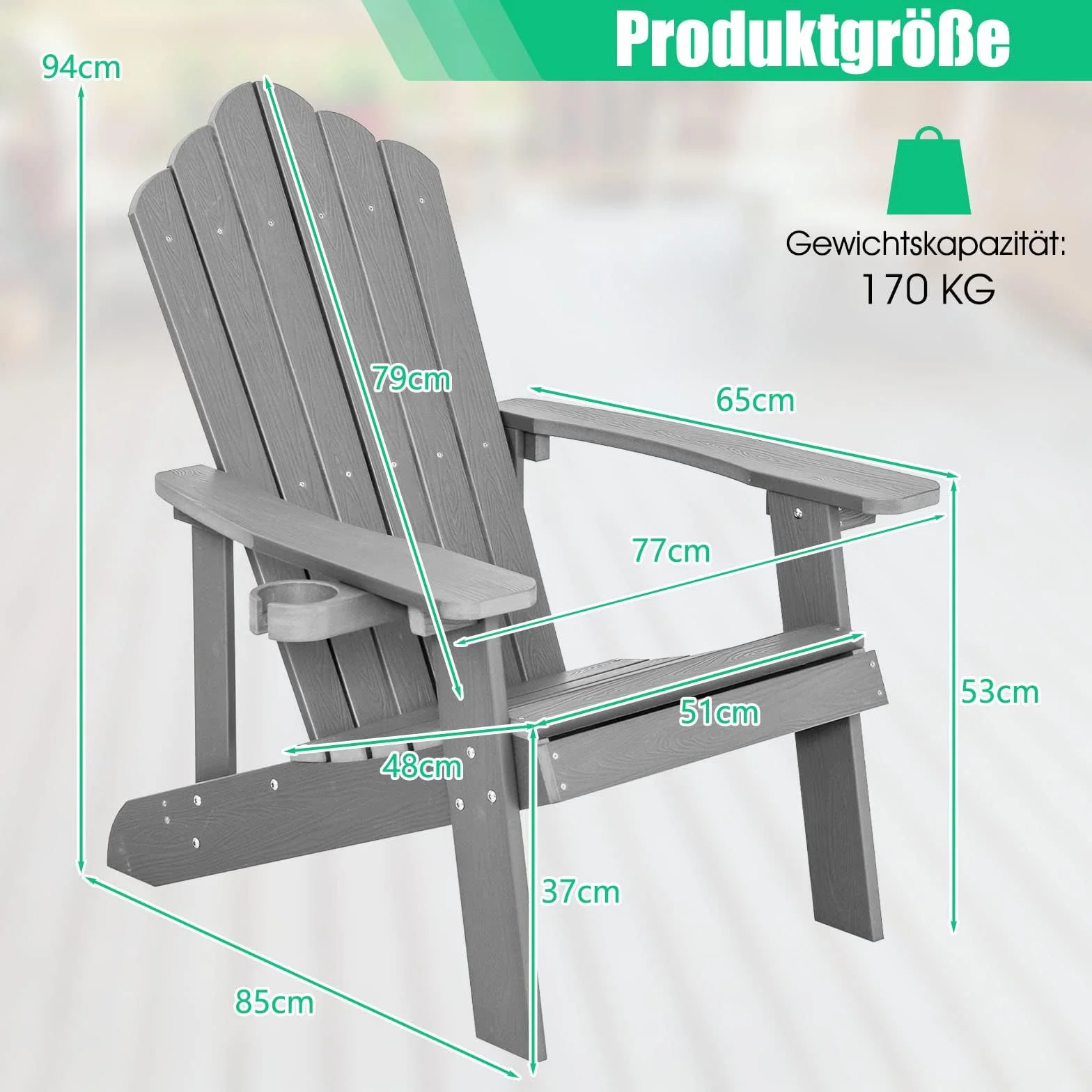 FANTASK Adirondack krzesło ogrodowe z tworzywa sztucznego, nośność 170 kg, jasnoszary