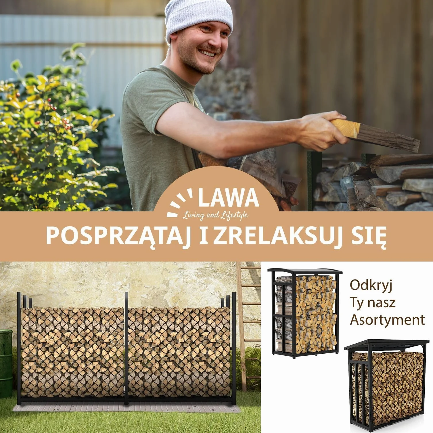 Metalowy regał na drewno kominkowe, 223 × 50 x 115 cm, ocynkowany, do użytku na zewnątrz, do układania drewna opałowego, ogrodu, tarasu, 25 cm, 33 cm, 50 cm, kolor czarny