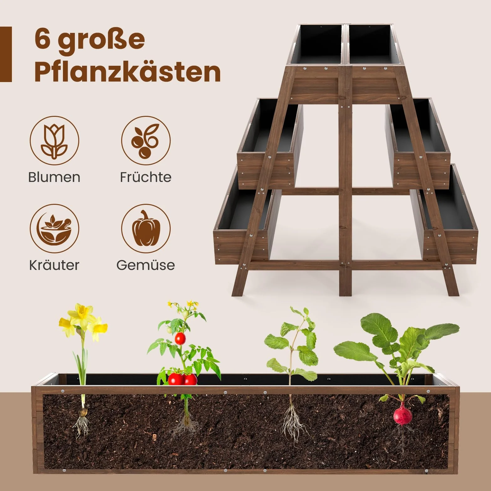 COSTWAY Pionowa podwyższona grządka z 3 poziomami 6 skrzynek drewniana brązowa 126 x 90