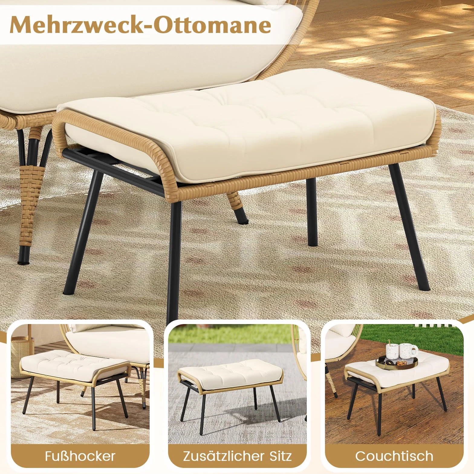 COSTWAY Wiklinowy Fotel Rattanowy XXL z Taboretem, Ogrodowy z Poduszkami i Metalowym Stelażem, Wypoczynkowy na Balkon, do Ogrodu, Salonu, na Taras