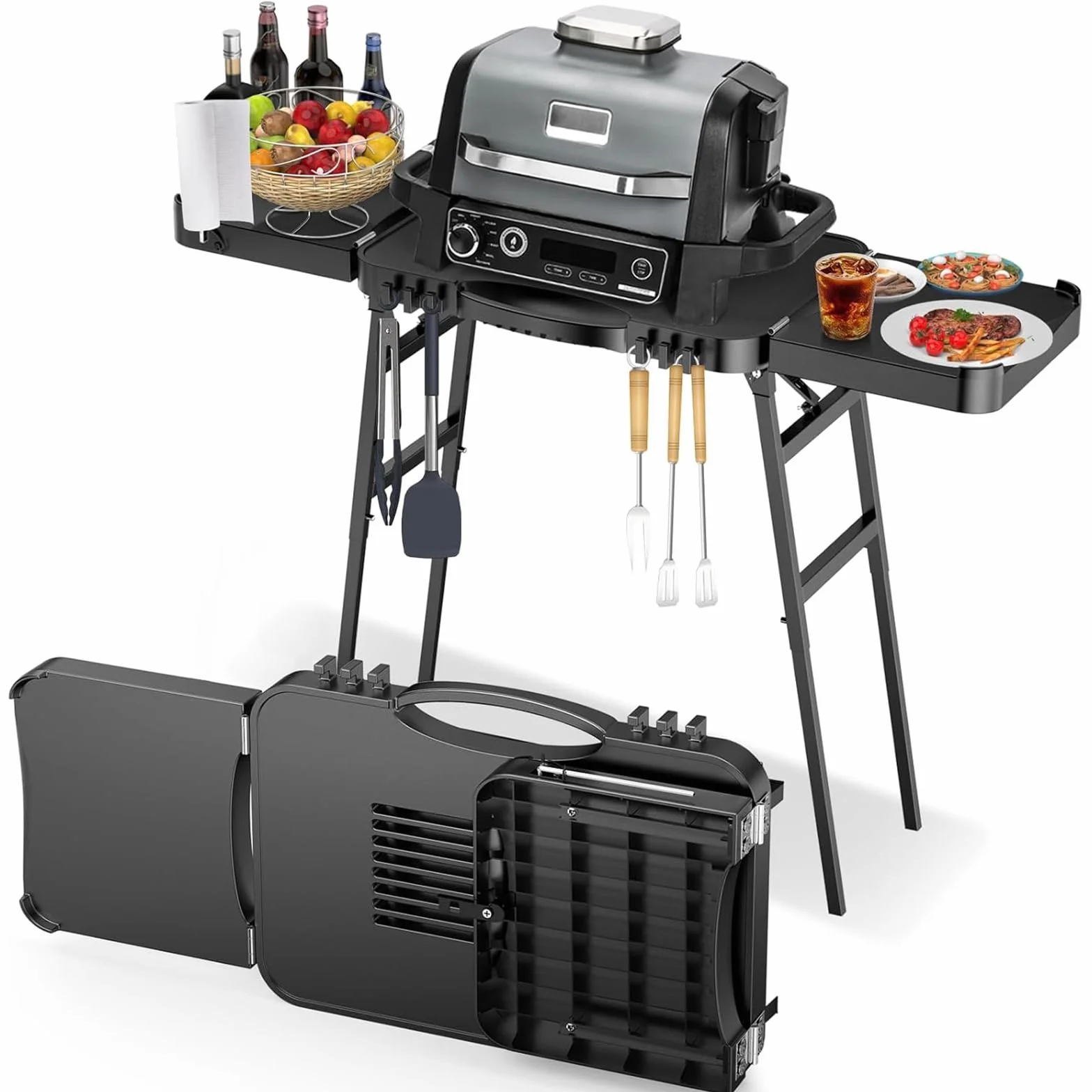 GFTIME Uniwersalny przenośny grill na kółkach Enders Urban, Weber Q100/Q200/Q300, Ninja Woodfire, Burnhard Wayne – składany stojak do grilla na świeżym powietrzu z dużą powierzchnią roboczą i nóżkami