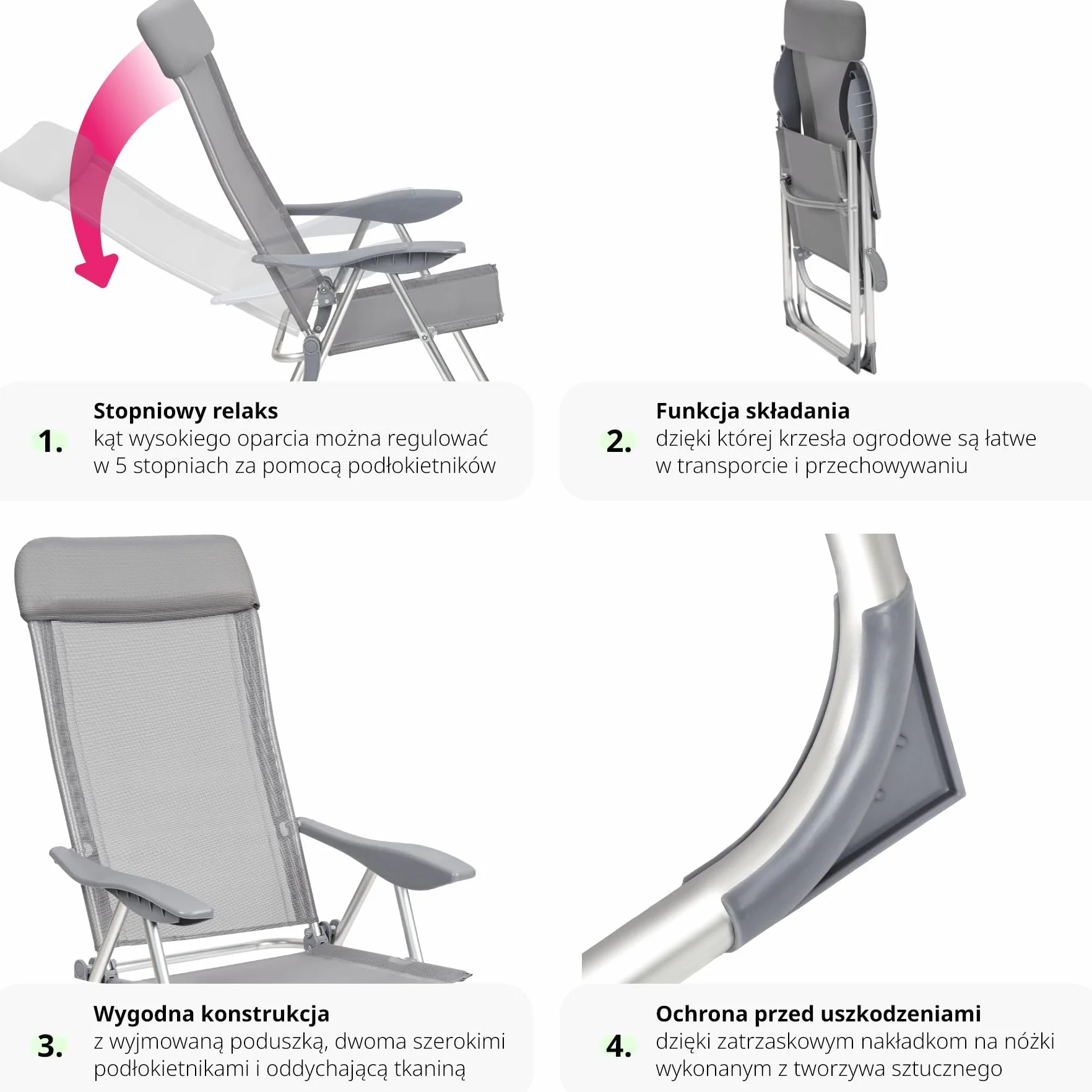 tectake® Zestaw 4 Foteli Ogrodowych, Składane z Aluminiowym Stealżem, Regulowane Oparcie, Wzmocnione Nogi, Łatwe w Czyszczeniu, Lekki - Idealny na Taras i Balkon