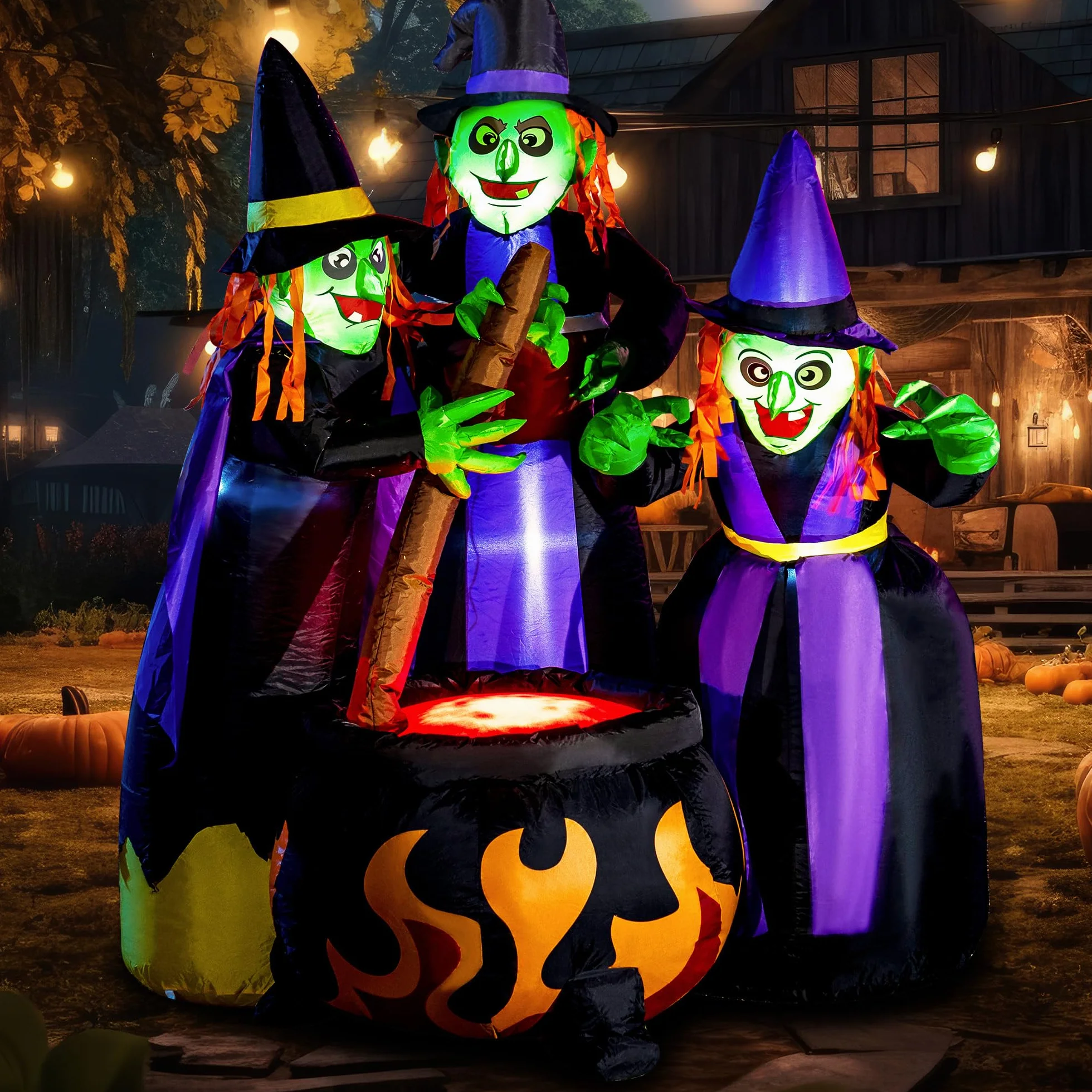 Joiedomi 183 cm Wysoka Nadmuchiwana Dekoracja Halloween Trzech Wiedźm Przy Kotle z Płomieniem Świetlnym Nadmuchiwana Dekoracja Dworu Rozdmuchiwany Dekoracyjny Koteł z Wbudowanymi Diodami LED na