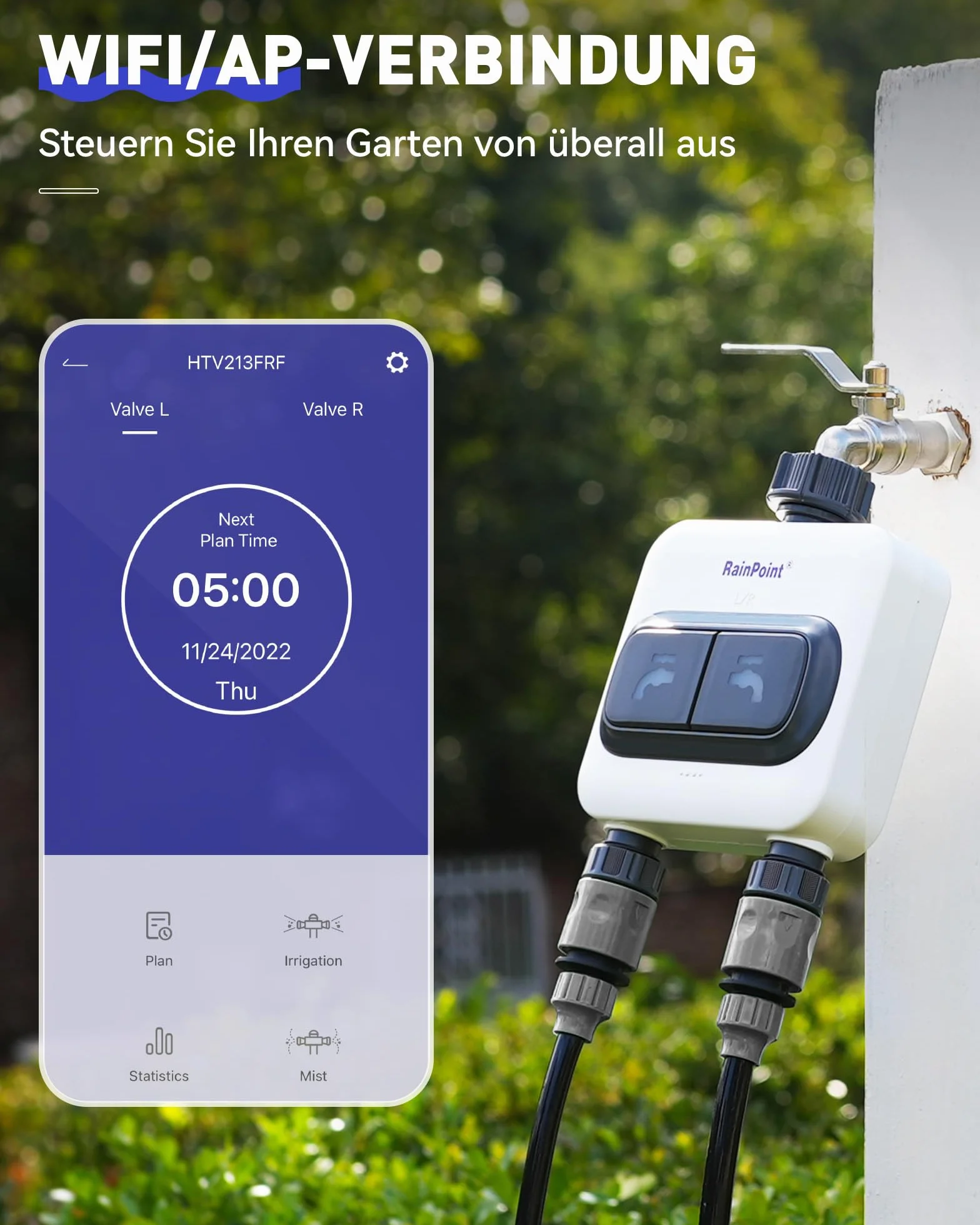 RAINPOINT Komputer nawadniający WLAN, 2 wyjścia 2,4 GHz z koncentratorem Wi-Fi, inteligentny zegar nawadniający z aplikacją/sterowaniem głosem, do automatycznego nawadniania ogrodów i trawników