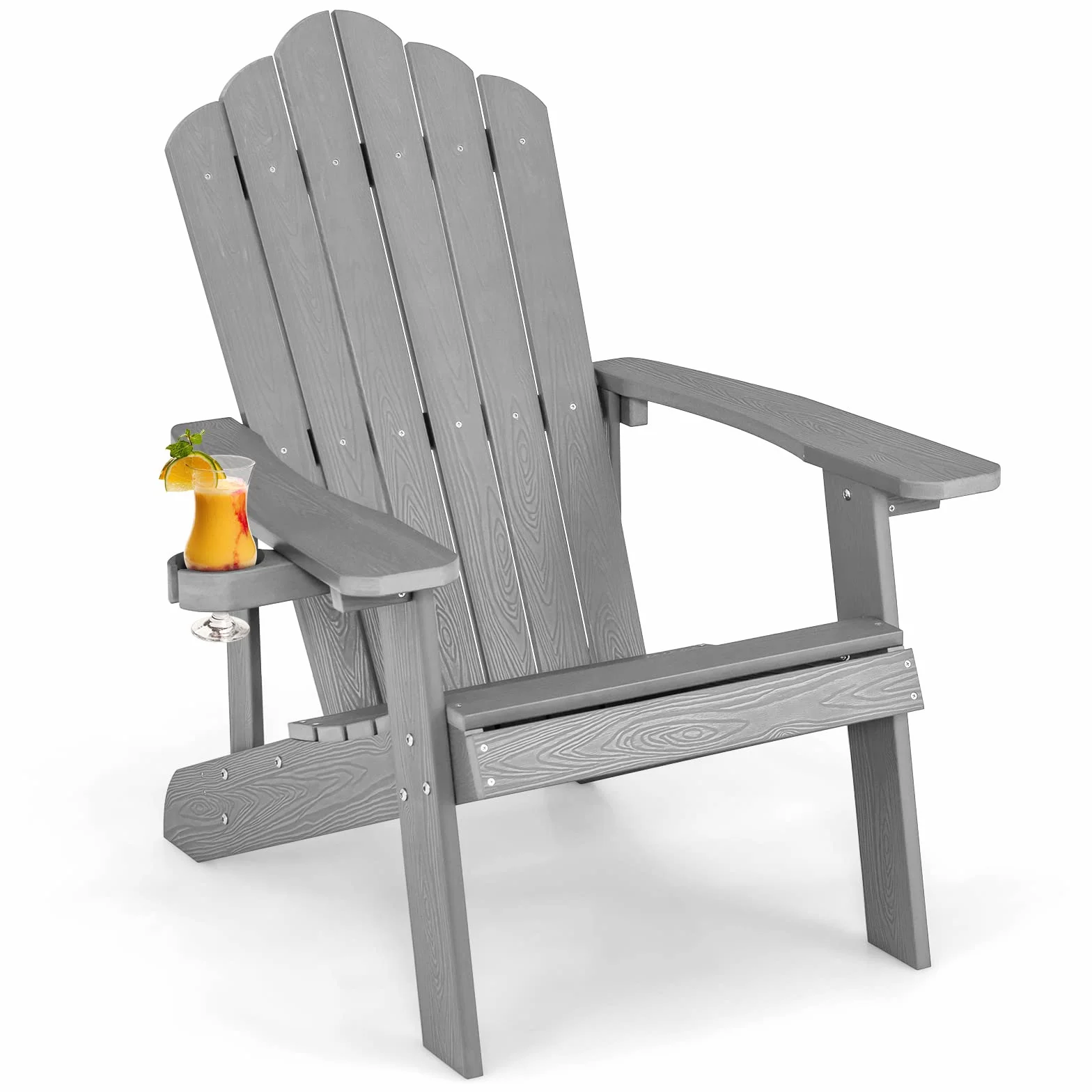 COSTWAY NP10983DE Adirondack krzesło z uchwytem na napoje, odporne na warunki atmosferyczne, fotel ogrodowy z tworzywa sztucznego, krzesło outdoorowe do ogrodu, na taras, nośność 170 kg (jasnoszare), 85 x 77 x 94 cm