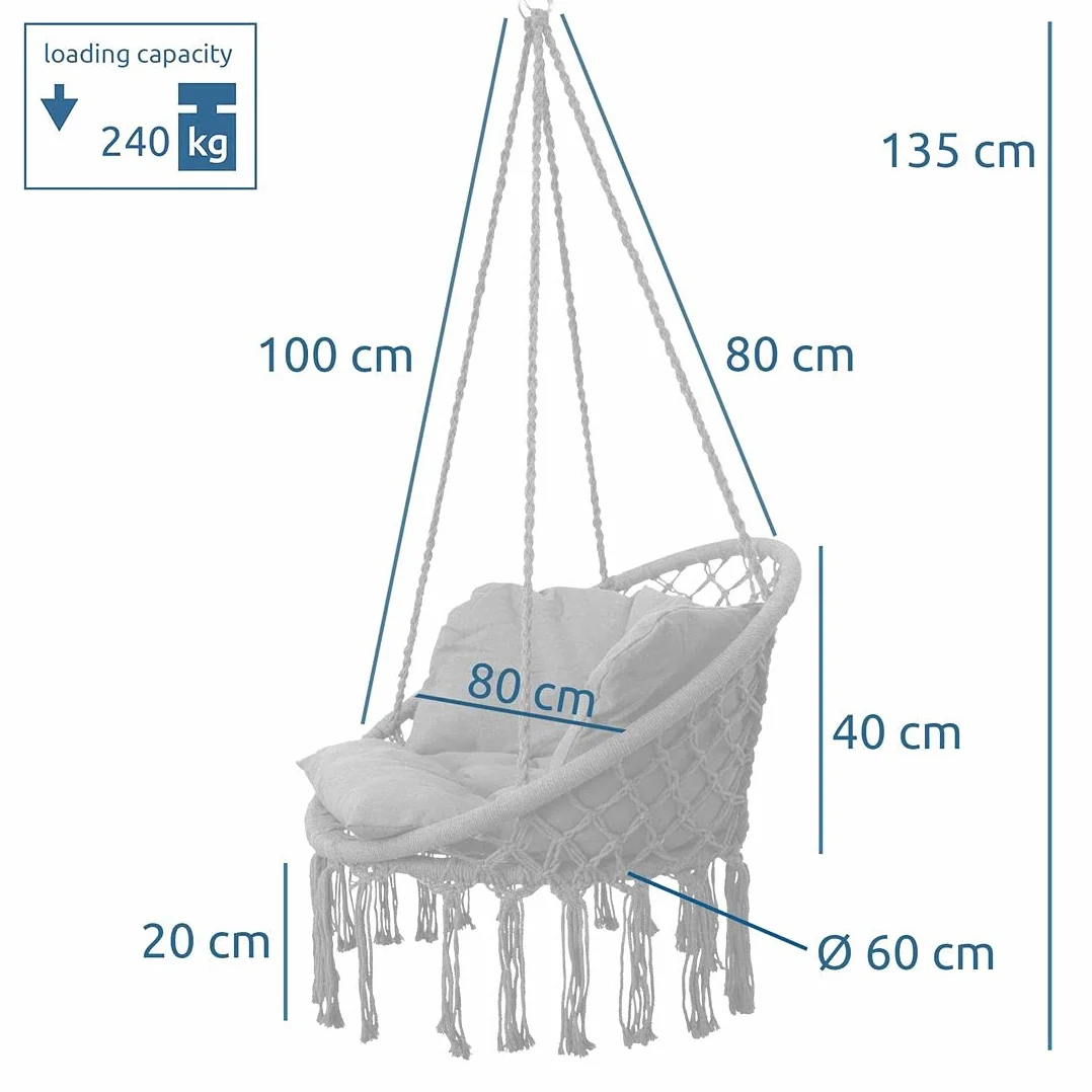 yourGEAR Boracay fotel wiszący z tapicerką siedziska w kolorze szarym lub beżowym – maks. 240 kg, huśtawka wisząca 360° Swing Chair, fotel wiszący [szary]