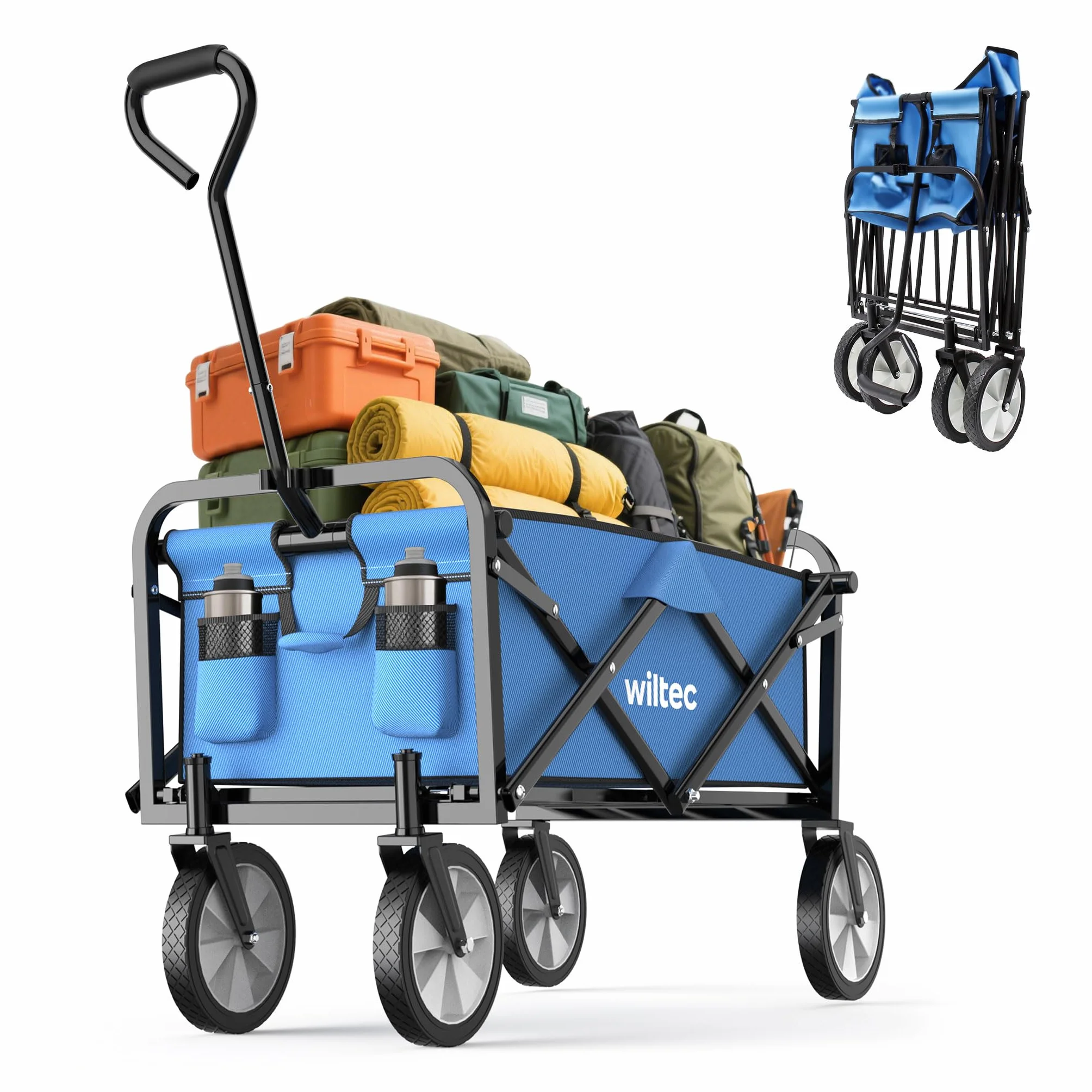 Wiltec Składany wózek transportowy niebieski do 68 kg obciążenia, kompaktowa przyczepka kempingowa, solidny wózek terenowy, turystyczny, ogrodowy