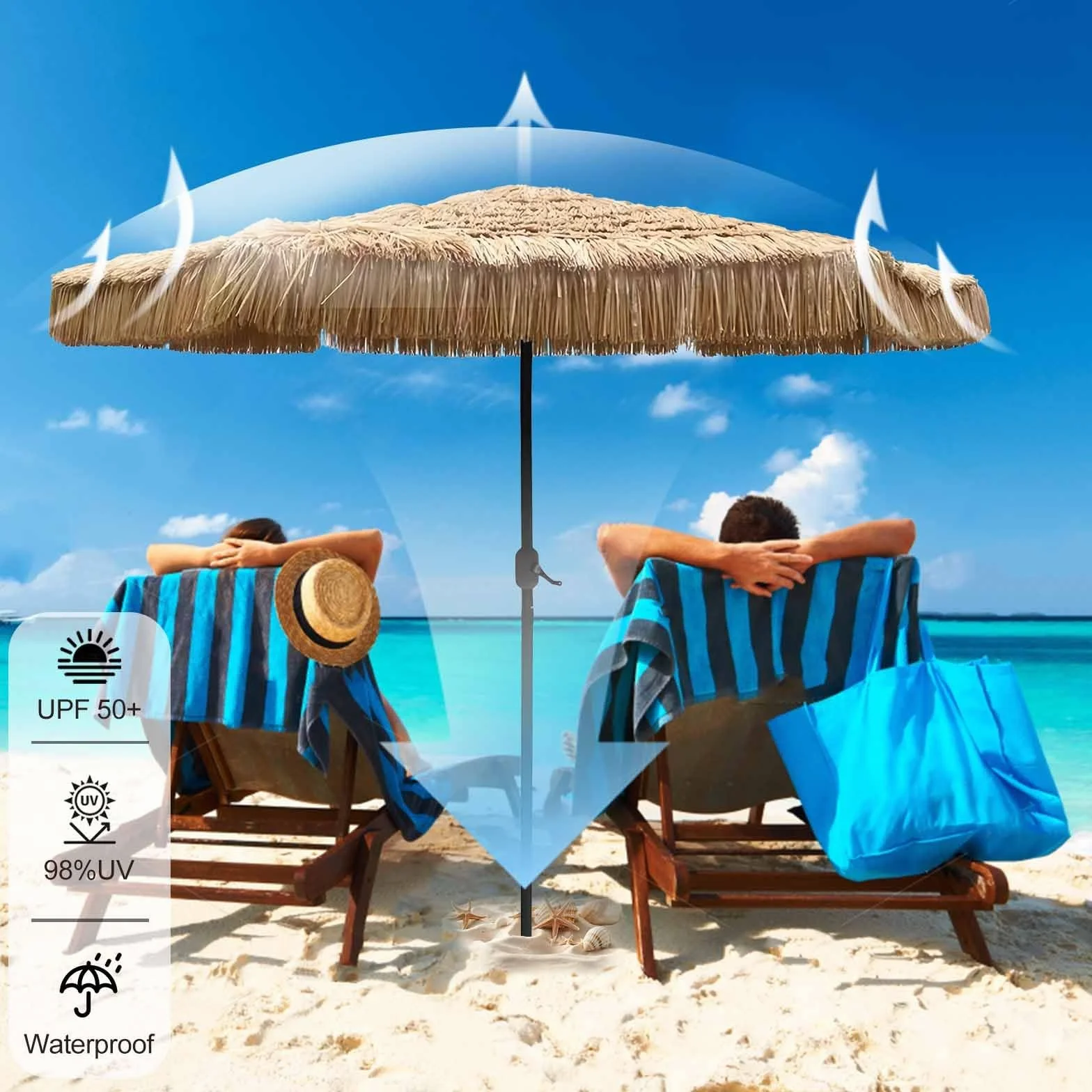 Duży Parasol Plażowy Słomiany z Korbką 2,7 m, 8 Żeber, Ochrona UV