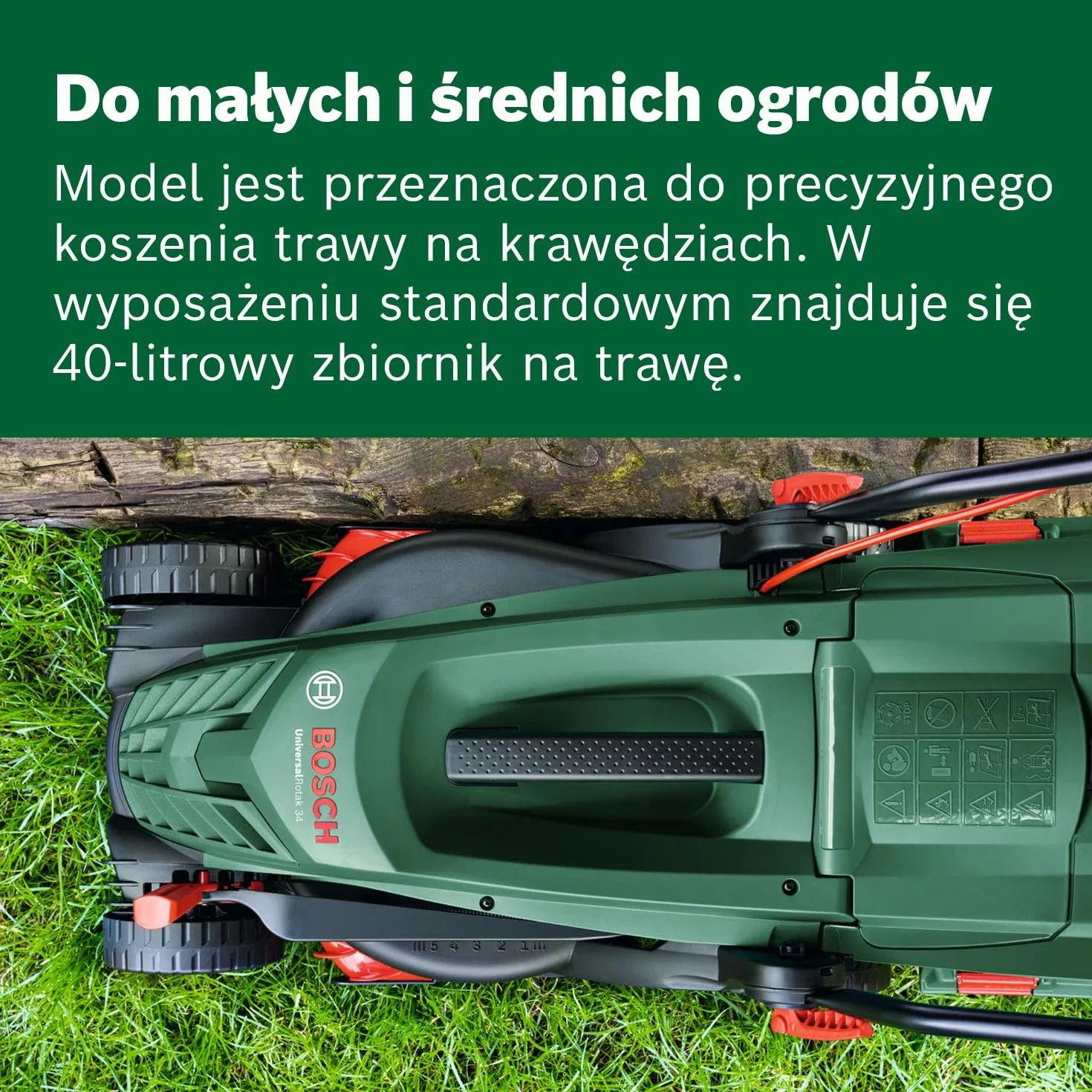 Bosch Kosiarka sieciowa UniversalRotak 34-405 (silnik 1 300 W, szerokość cięcia: 34 cm, zbiornik na trawę 40 l, do równomiernego koszenia trawników oraz do precyzyjnego koszenia przy krawędziach)