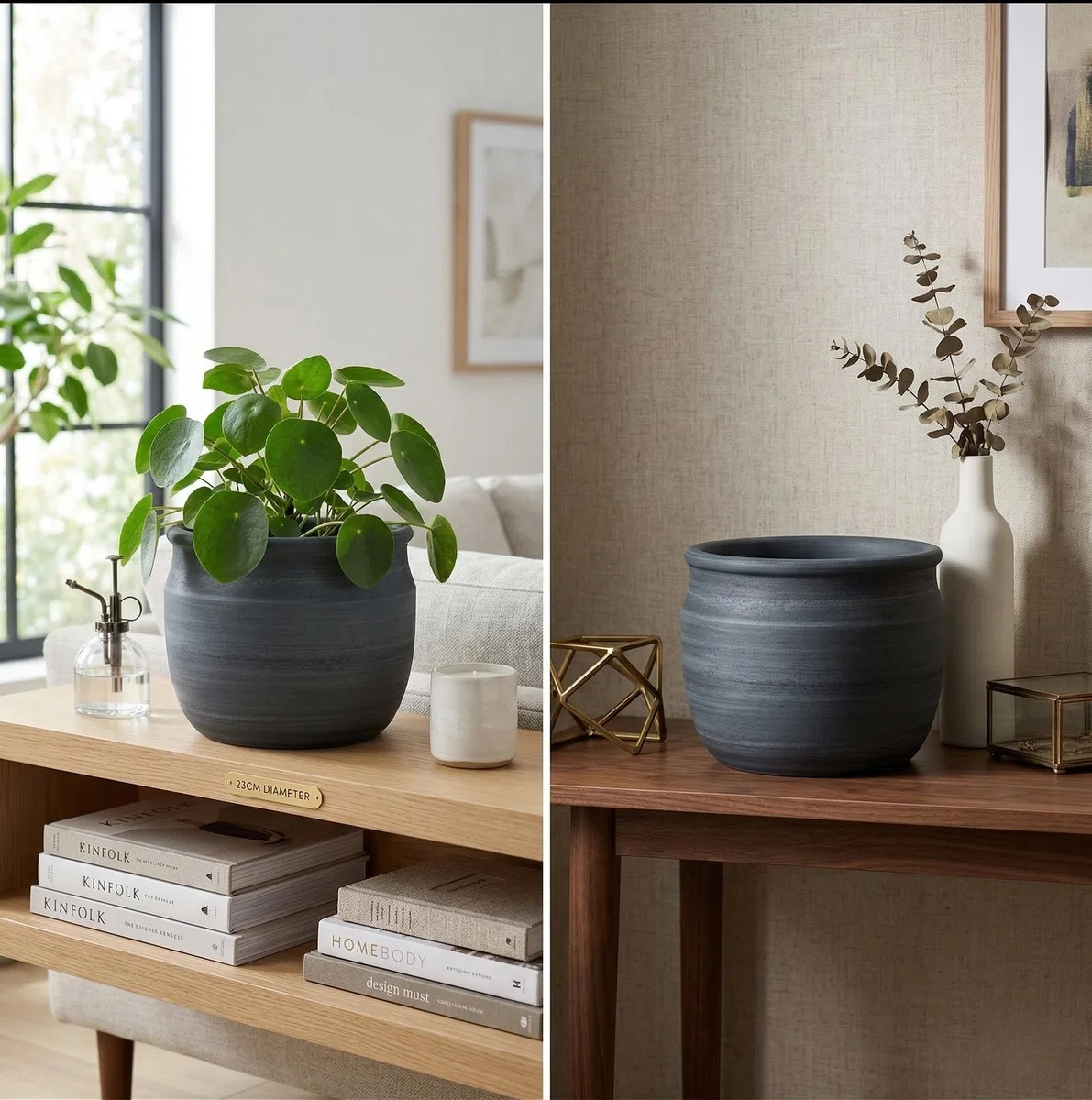 Olly & Rose Duża doniczka na rośliny ze szczotkowanego węgla drzewnego z terakoty szczotkowana – ceramiczna doniczka na rośliny 23 cm do użytku na zewnątrz i wewnątrz do domu i ogrodu
