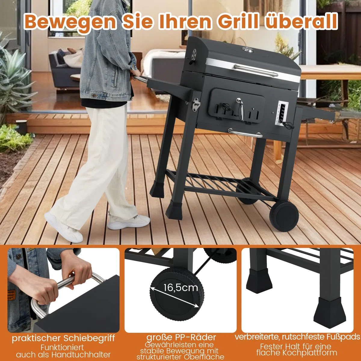GOPLUS Grill na węgiel drzewny, grill węglowy z kółkami, uchwyty, ruszt do grillowania, blacha do pieczenia i 6-stopniowa regulacja misy na węgiel, wózek z metalu, grill stojący z pokrywką, grill
