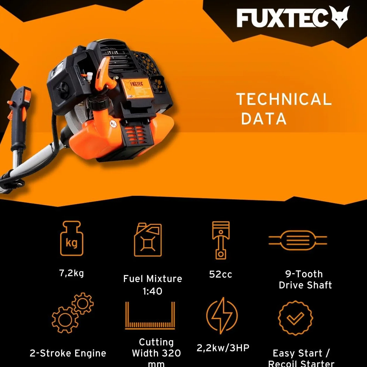Podkaszarka spalinowa FUXTEC FX-MS152 - Narzedzie 2 w 1, Silnik 52 cm3, 3 KM, Profesjonalny Pasek do Przenoszenia, System Easy Starter, Beznarzedziowy Dostep do Filtra
