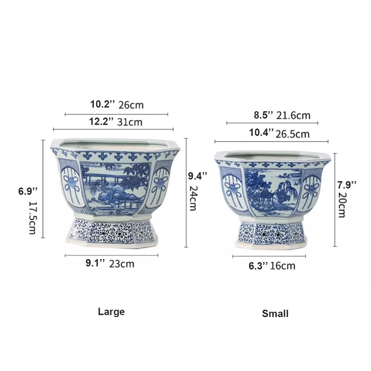 Niebieski i biały sześciokątny kwiatowy porcelanowy doniczka Chinoiserie Jingdezhen ceramiczna doniczka z otworem drenażowym chiński azjatycki design doniczka do wewnątrz i na zewnątrz