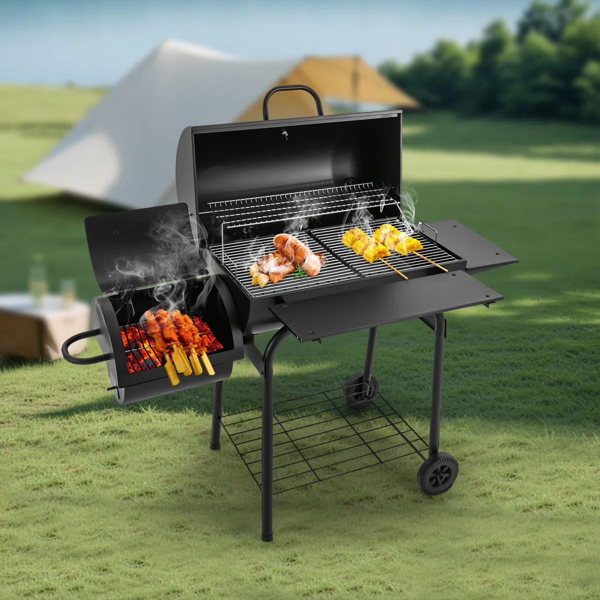 Wolnostojący grill na węgiel drzewny, 147 x 70 x 126 cm, powierzchnia grillowania, z termometrem i kółkami, dwa obszary grillowania na kemping, imprezę i do ogrodu