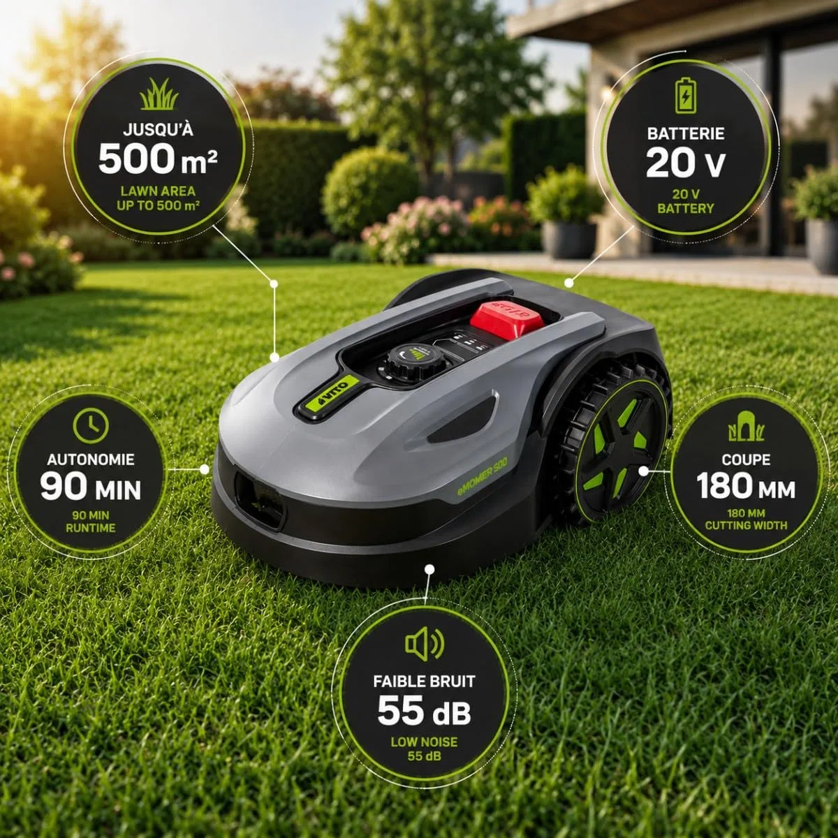VITO - Podłączony robot kosiarka 500m2 - akumulatorowa kosiarka 20 V stacja ładująca - połączenie z systemem Android iOS