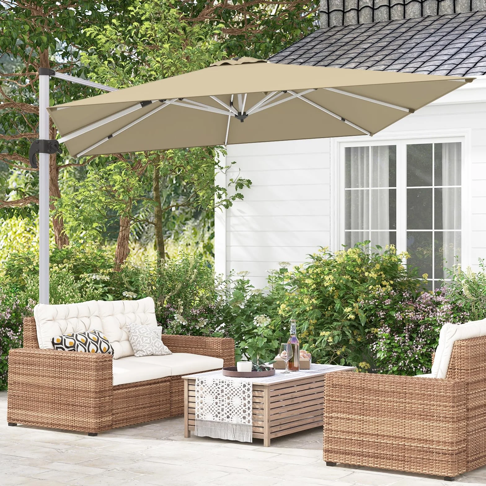 COSTWAY Parasol przeciwsłoneczny prostokątny 300 x 300 cm z korbą odchylany 360° beżowy