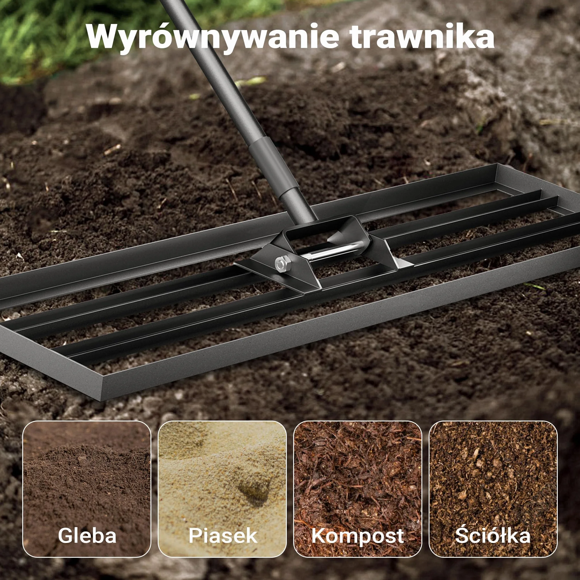 Wiltec Niwelator ręczny 25,4cm x 121,9cm aluminiowy z regulowanym kijem 2m, grabie do trawnika