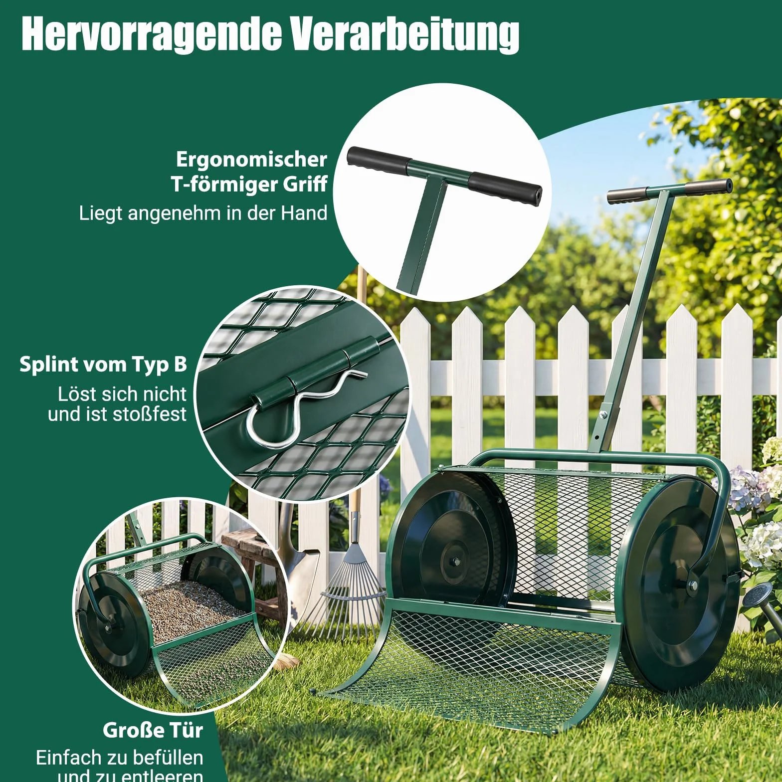COSTWAY Rozsiewacz kompostowy 77 l, rozsiewacz mchu torfowego z uchwytem T o regulowanej wysokości i koszem z siatki, Ø 40 x 61 cm, rozsiewacz nawozu do ogrodu, trawnika, rozsiewacz ogrodowy do nawozu
