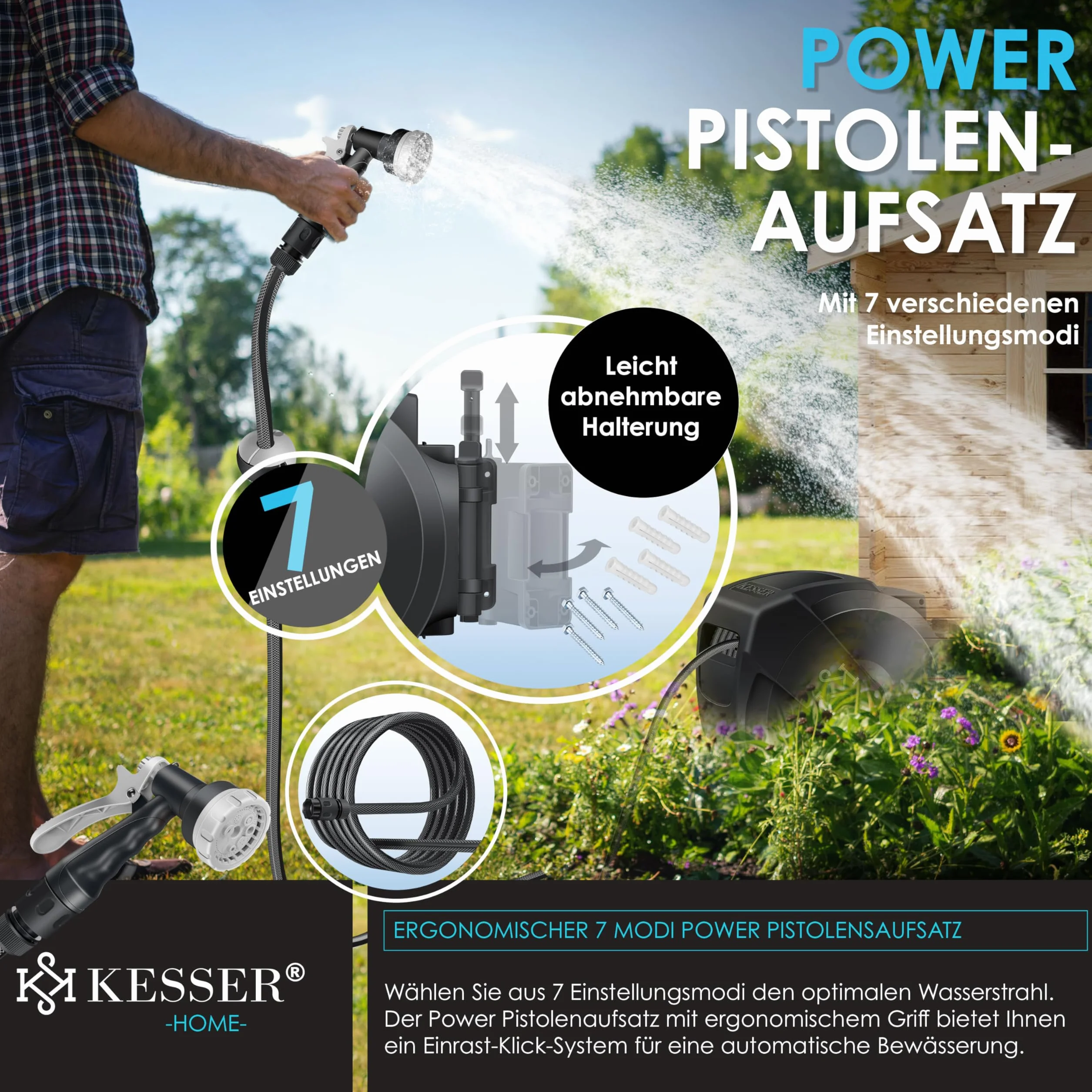 KESSER® Bęben na wąż ogrodowy z wężem ogrodowym 30 m | bęben do węża wodnego do montażu na ścianie | uchwyt ścienny | obracany o 180° i automatyczne zwijanie | pudełko na wąż ścienny w zestawie z 7