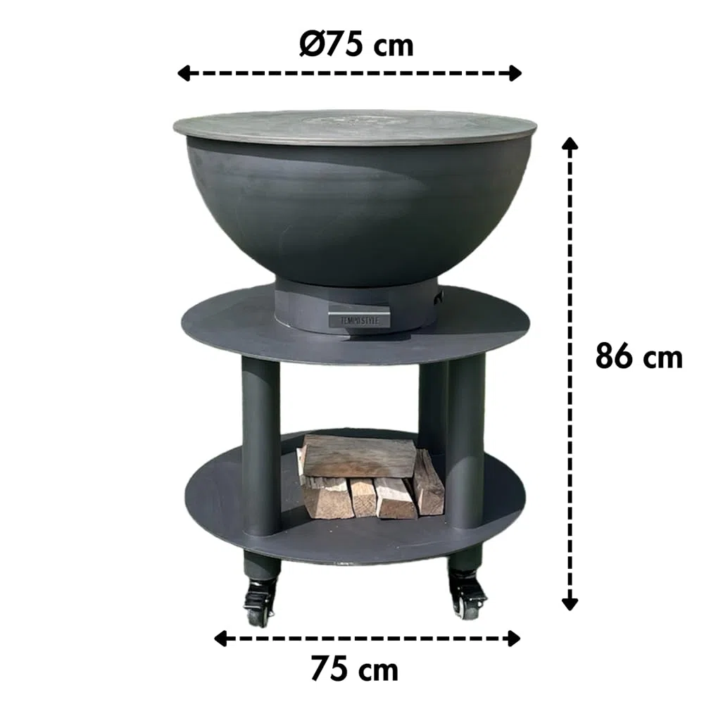 Grill na drewno i węgiel drzewny Stromboli | Okrągły grill ze stali Corten do użytku na zewnątrz i do ogrodu, z grillem do gotowania ze stali nierdzewnej 316 sp.1 cm, przenośny z kółkami