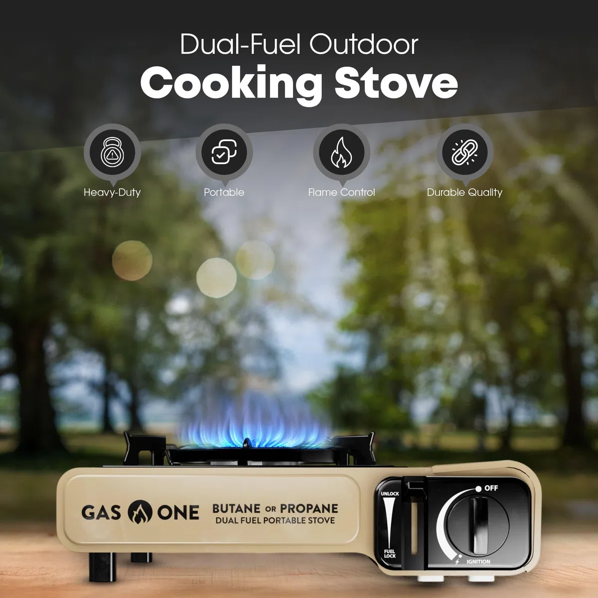 GasOne GS-3400P-KIT Kuchenka gazowa na propan lub butan z płaską płytą w zestawie – dwupaliwowa kuchenka na propan, do gotowania, na kemping, kuchnię, odlewane ciśnieniowo aluminium z powłoką